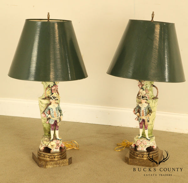 Vintage Pair Figural Bocage Pottery Lamps with Reticulated Brass Base and Green Shades