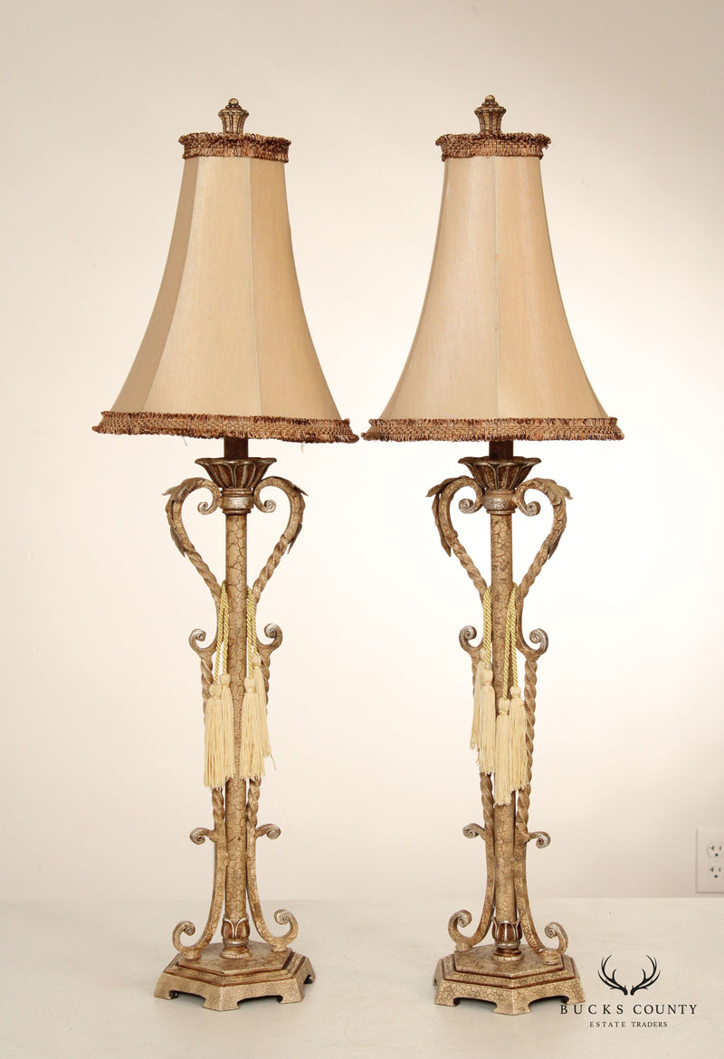Distressed Painted Finish Pair Wrought Iron Table Lamps