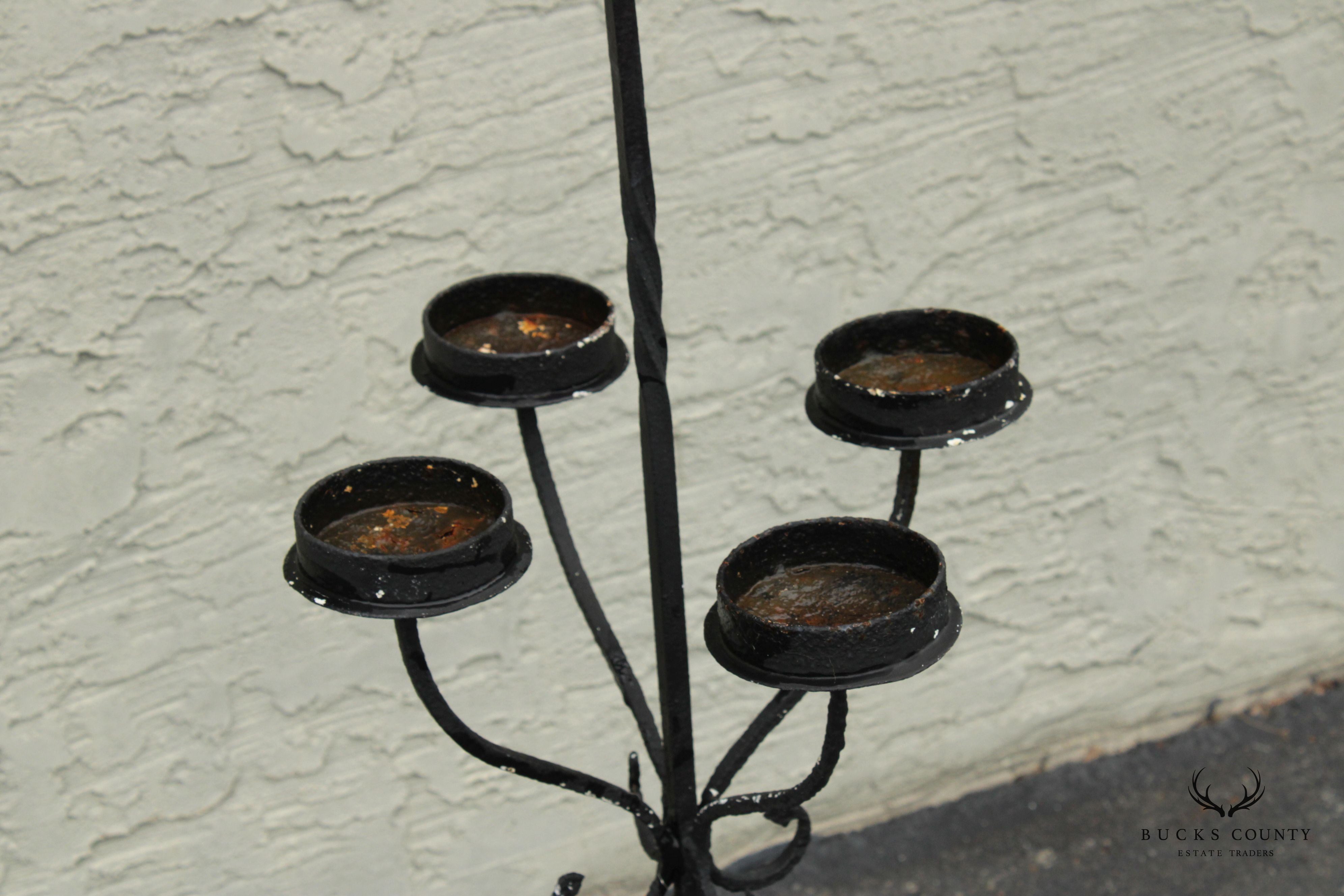 Gothic Revival Style Wrought Iron Outdoor Pillar Floor Candelabrum