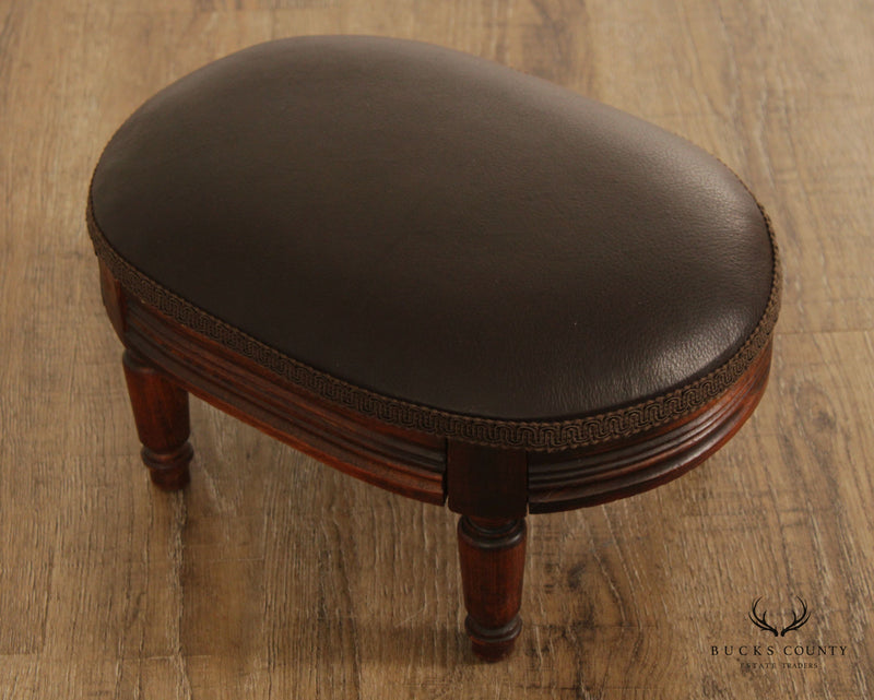 Antique French Victorian Style Oak and Brown Leather Foot Stool