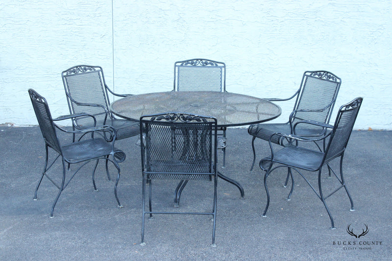 Quality Vintage Wrought Iron Outdoor Round Patio Dining Table and Six Chairs
