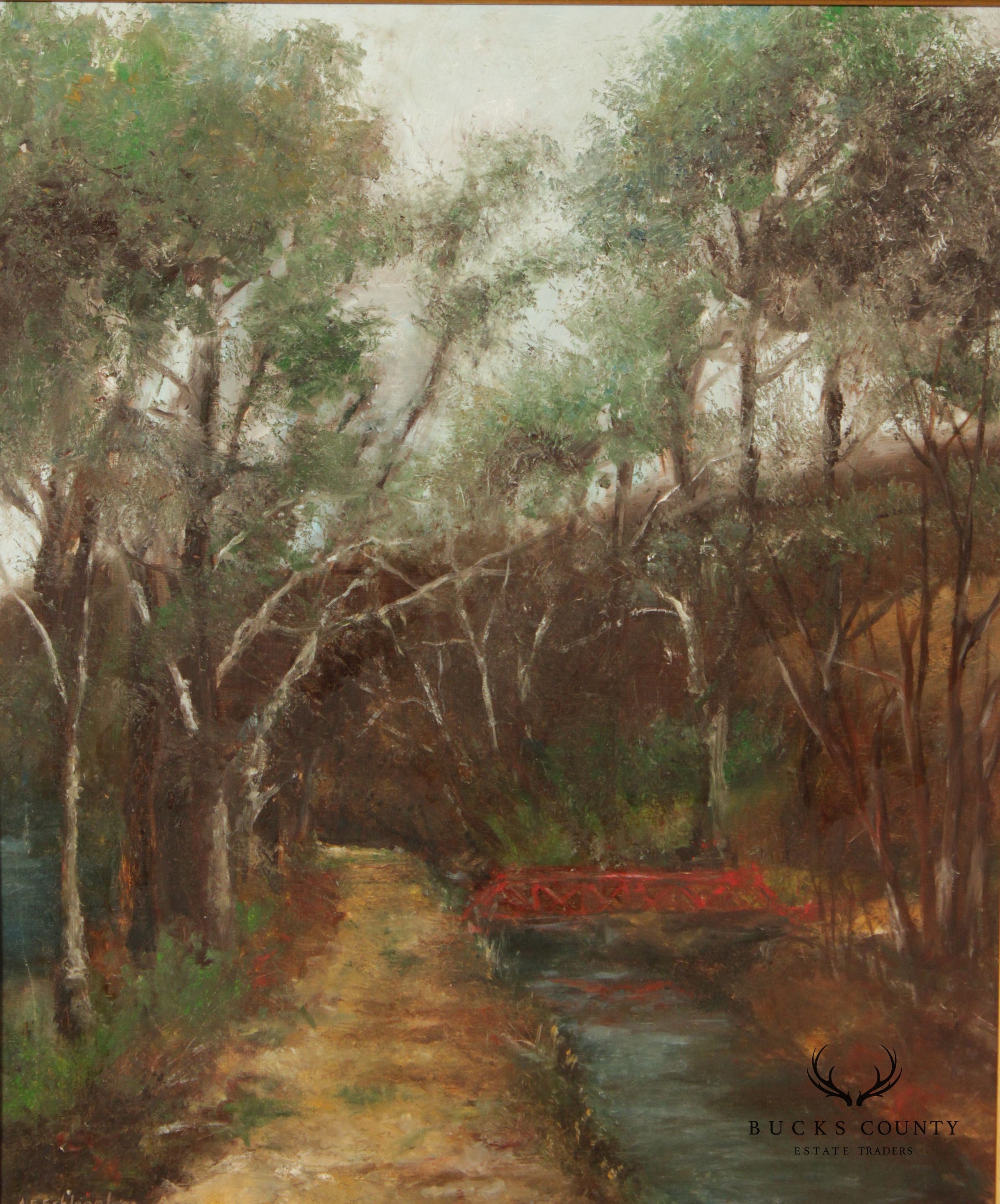 1990s Woodland Stream Original Painting, Signed 'A. E. Schlegel'