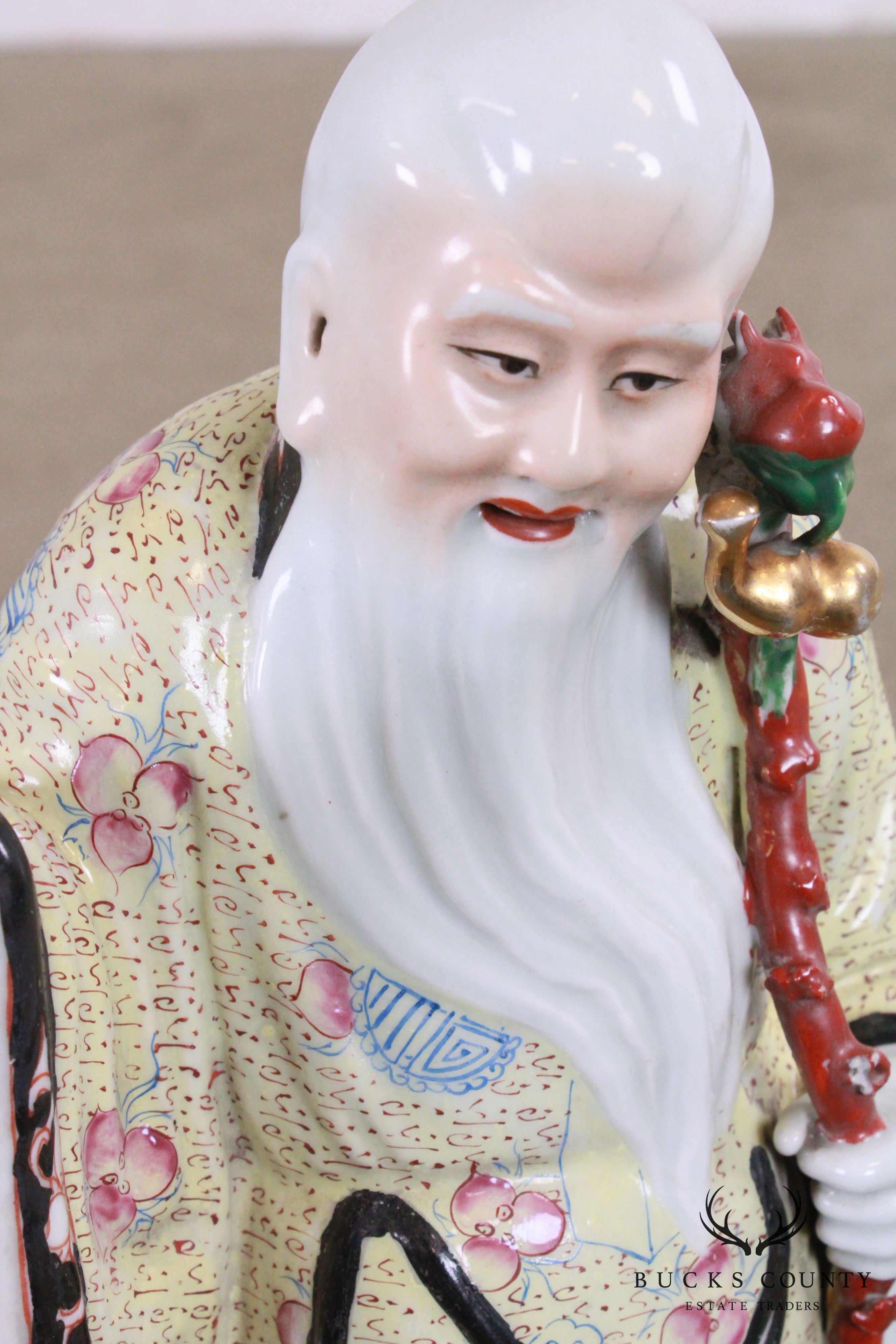 Porcelain Figure Shouxing Chinese God of Longevity Wood Base