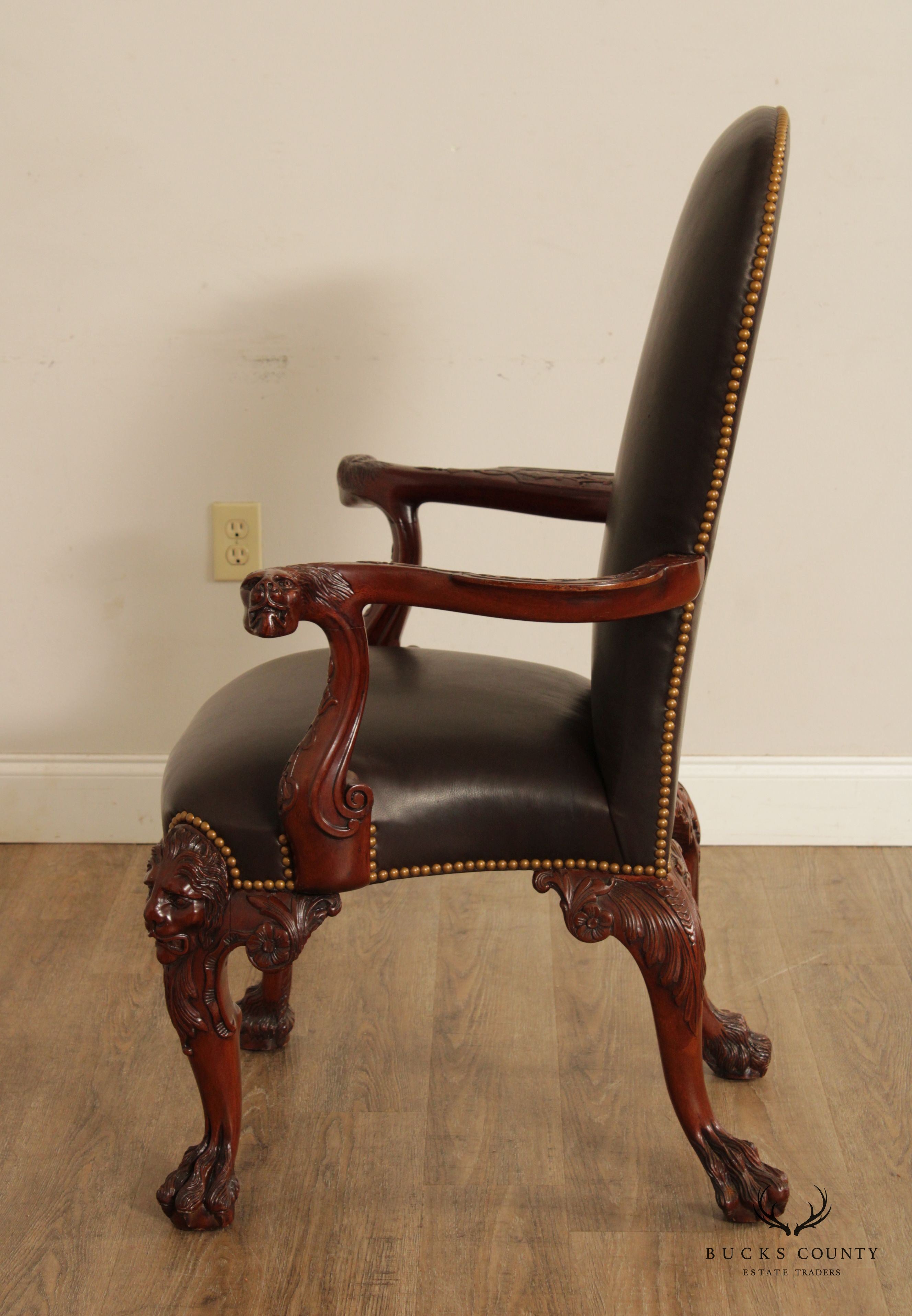 Maitland Smith Georgian Style Lion-Carved Leather Armchair