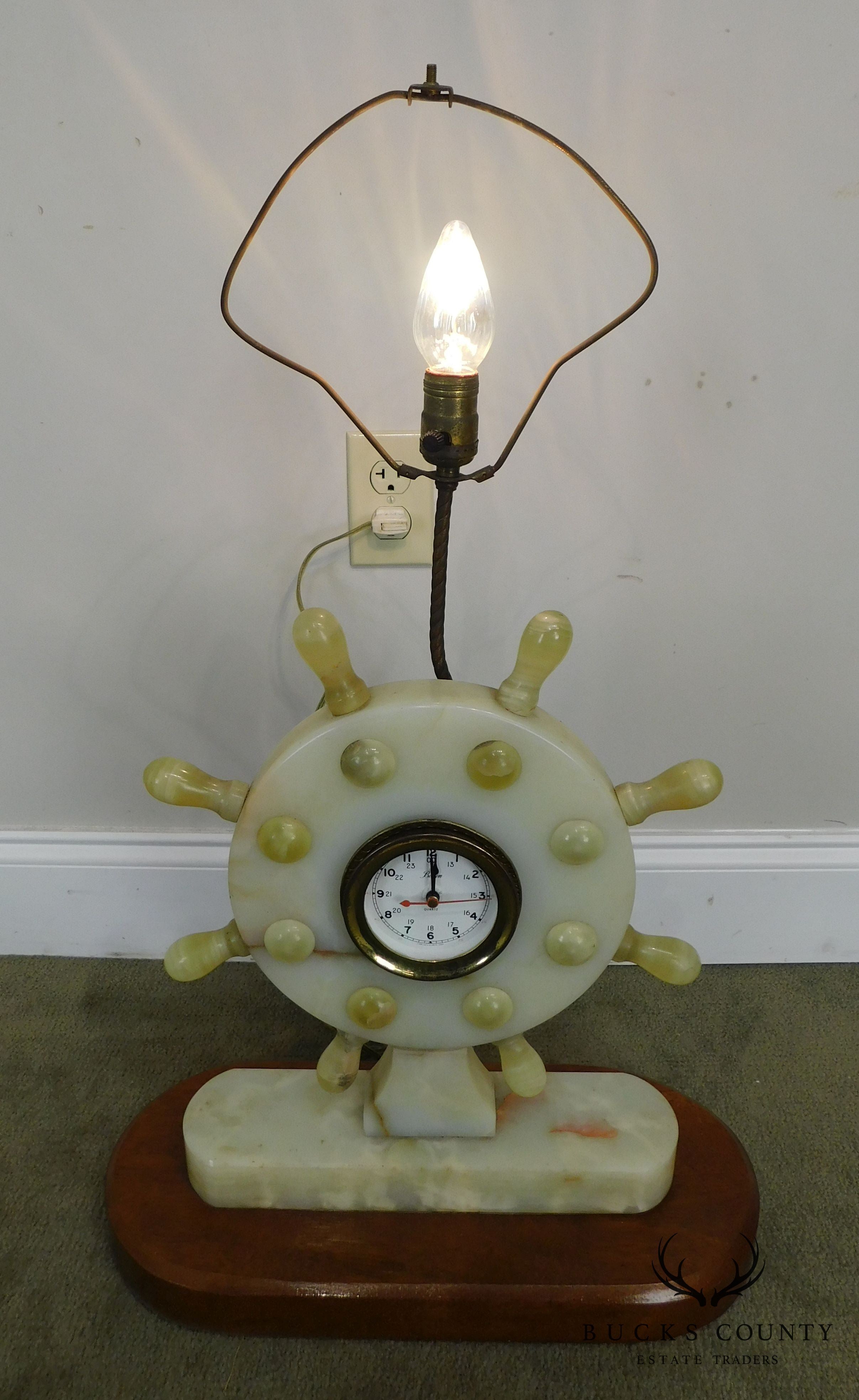 Vintage Nautical Onyx Ships Wheel Table Lamp Clock