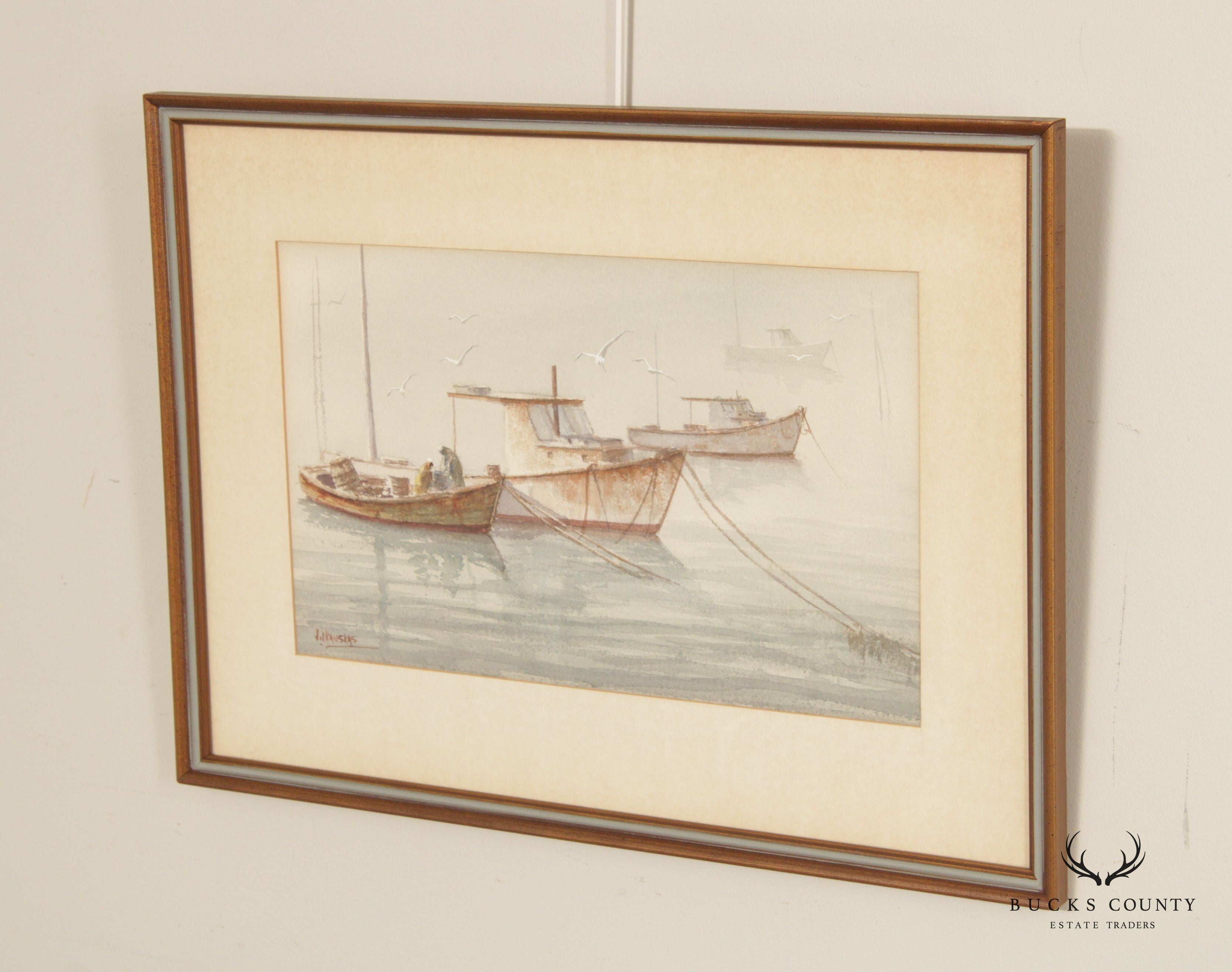 20th Century Fishing Boats at Anchor Watercolor Painting, Signed Rolandas Vilkauskas