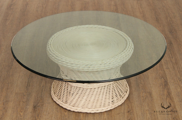 Vintage Round Wicker Rattan Glass Top Coffee Table