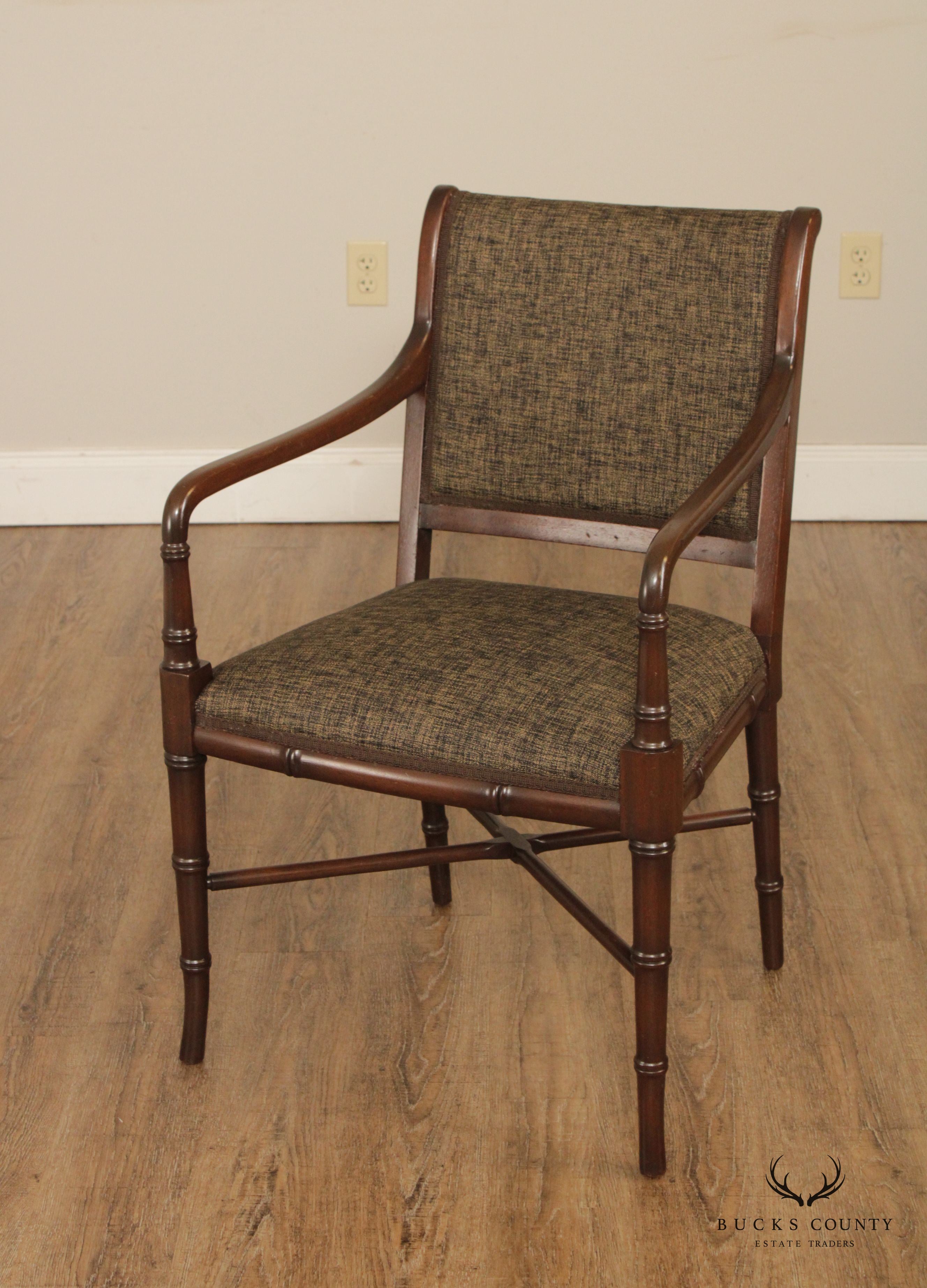 Regency Style Pair Faux Bamboo Mahogany Arm Chairs