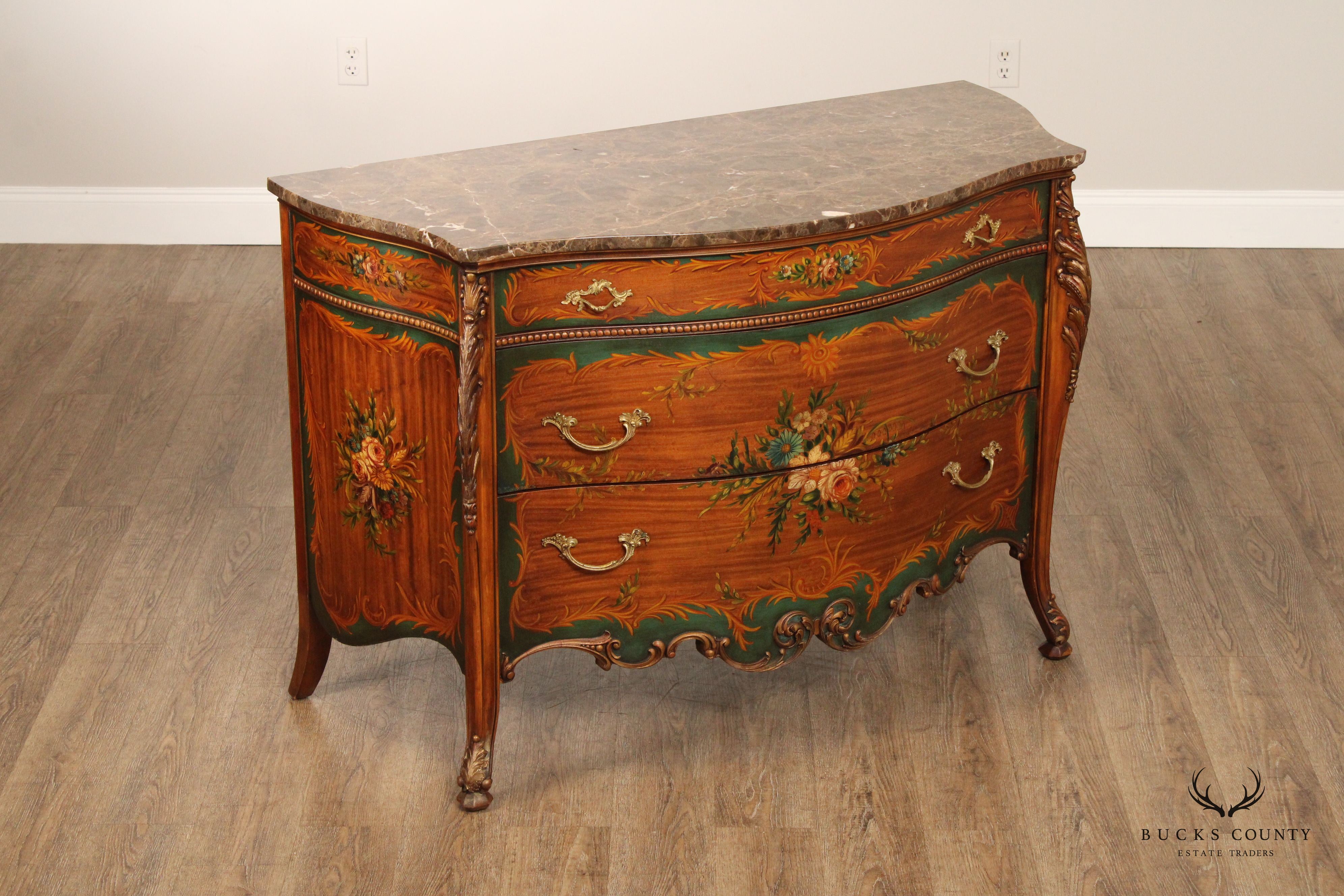 French Louis XV Style Paint Decorated Marble Top Commode