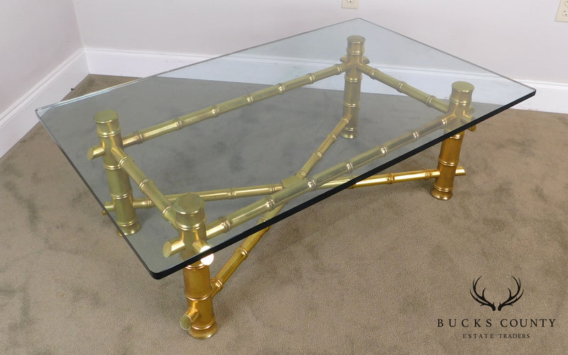 Hollywood Regency Faux Bamboo Gold Gilt Wood Glass Top Coffee Table