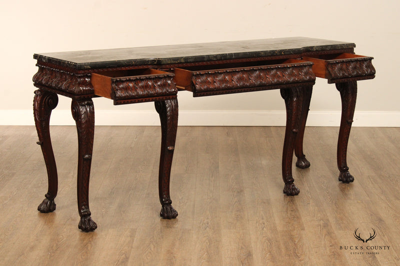 Antique Georgian Style Carved Mahogany Marble Top Console Table