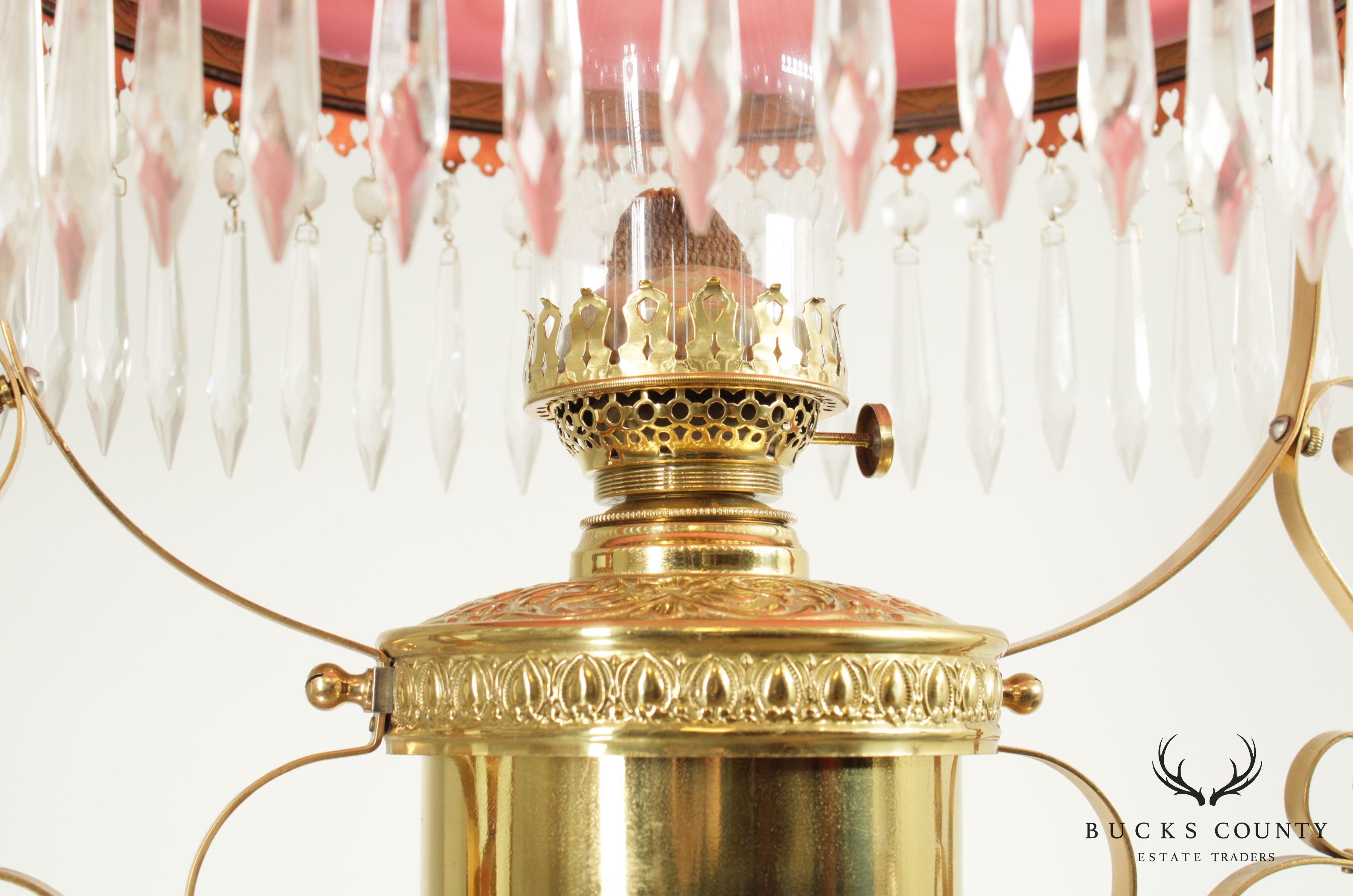 Rochester Antique Victorian Brass Hanging Oil Lamp Chandelier, Pink Glass Shade