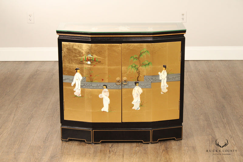 Chinoiserie Decorated Black and Gold Lacquer Glass Top Console Cabinet
