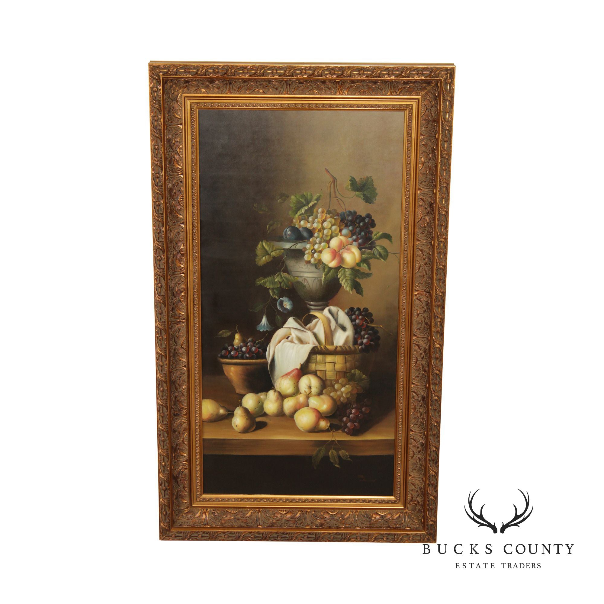 Vintage 20th C. Fruit Still Life Large Oil Painting, Custom Framed