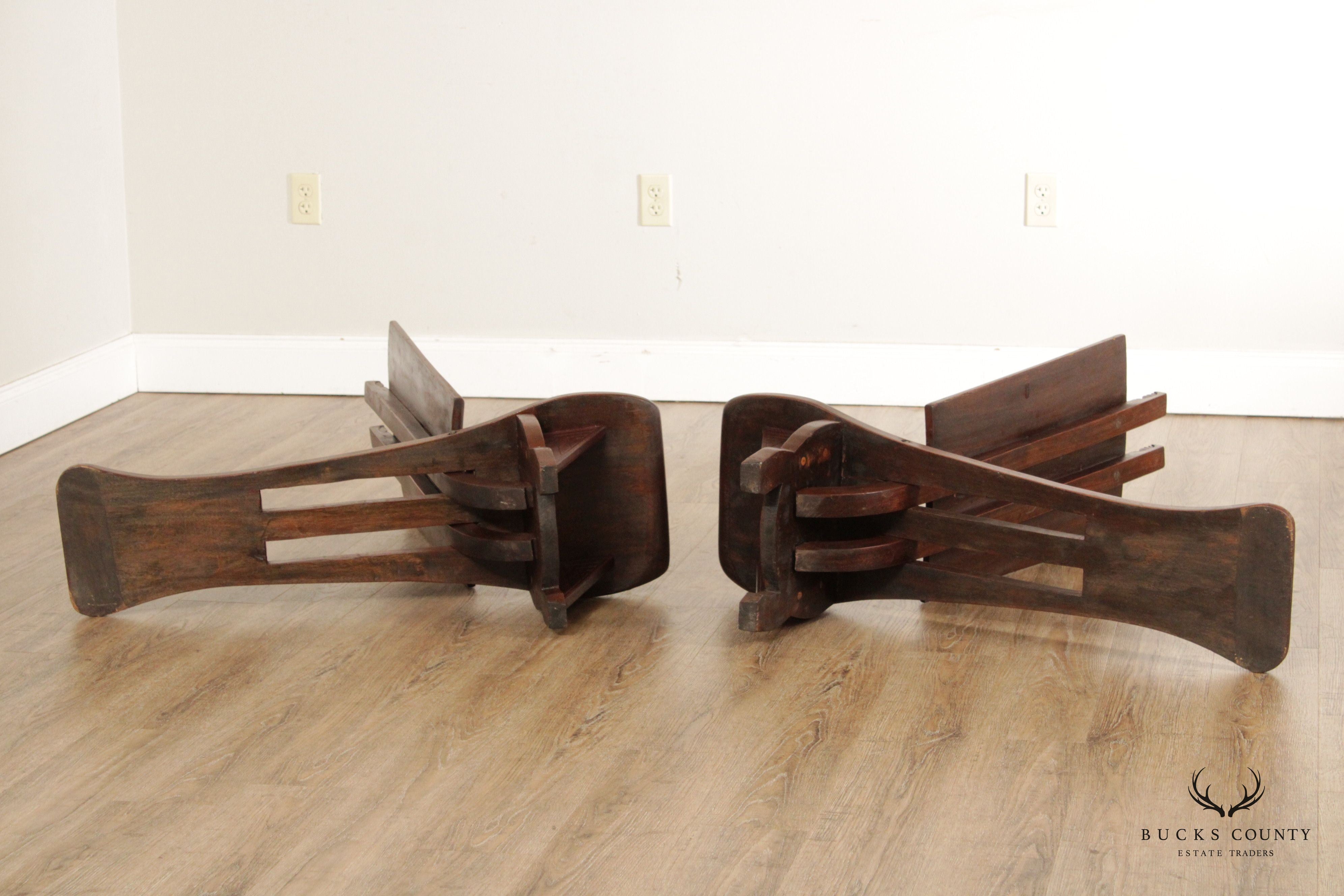 African Traditional Ceremonial Pair Mahogany Carved Folding Chairs