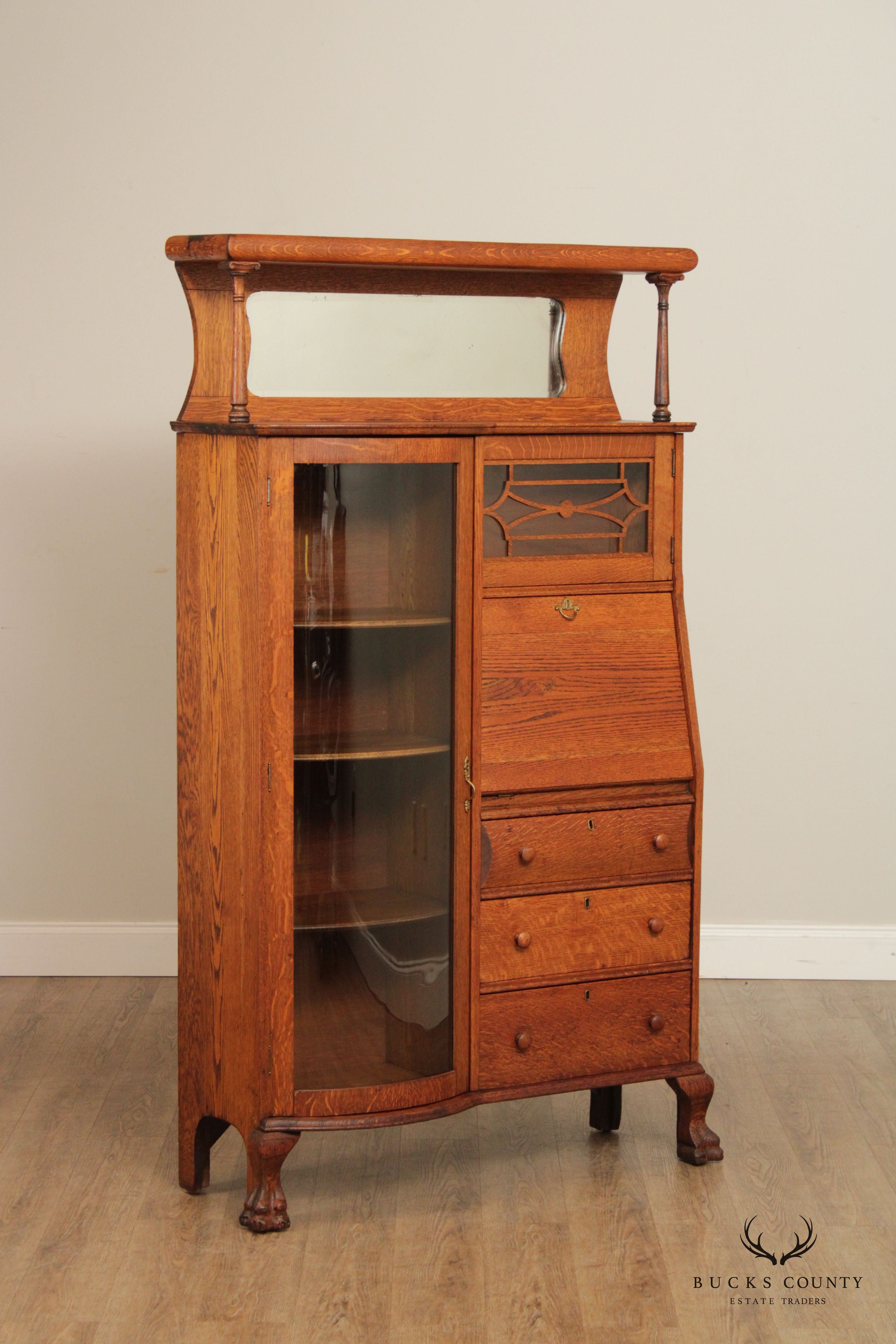 Antique Victorian Oak Side by Side Secretary Desk Curio Cabinet