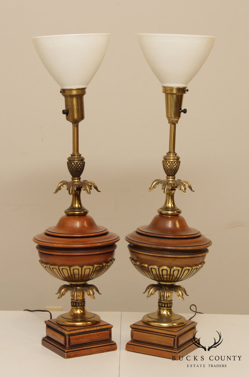 Stiffel Vintage Pair Wood & Brass Urn Form Table Lamps