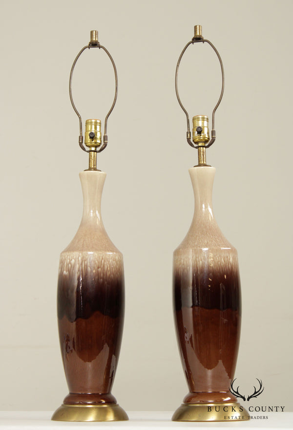 Mid Century Modern Pair Of Drip Glaze Pottery Lamps