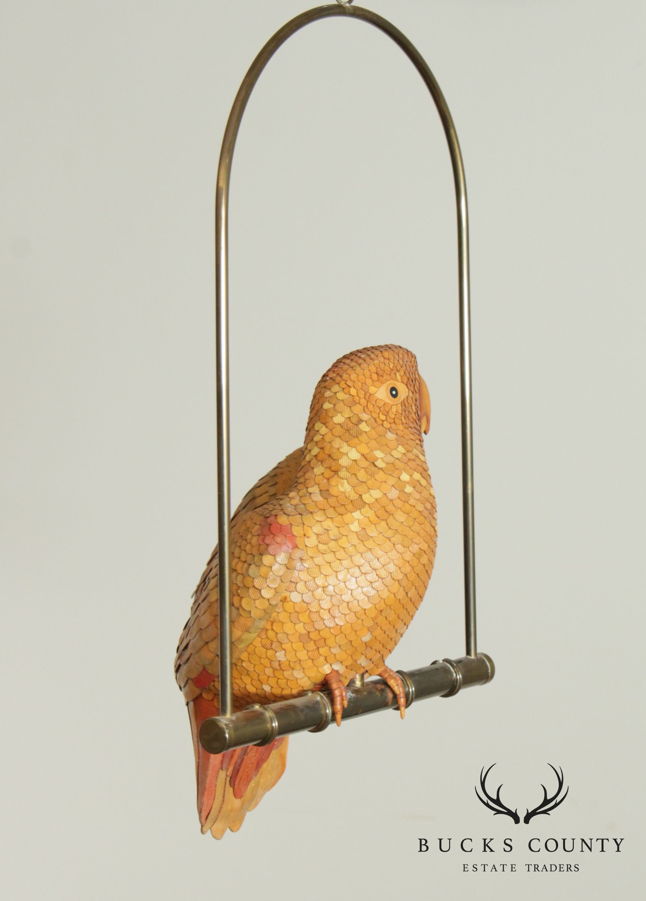 Chela's Vintage Hand Crafted Leather Parrot Sculpture, Brass Perch