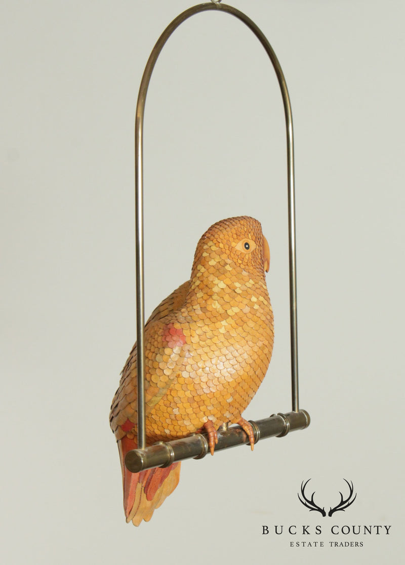 Chela's Vintage Hand Crafted Leather Parrot Sculpture, Brass Perch
