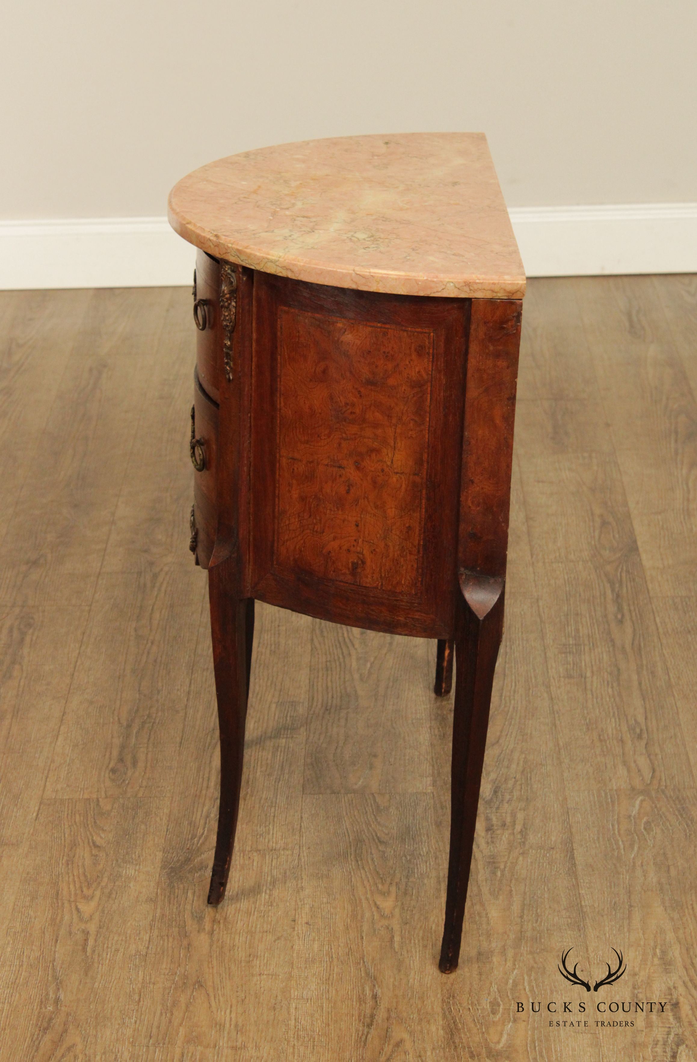 Antique French Louis XV Style Oak and Burlwood Marble Top Commode