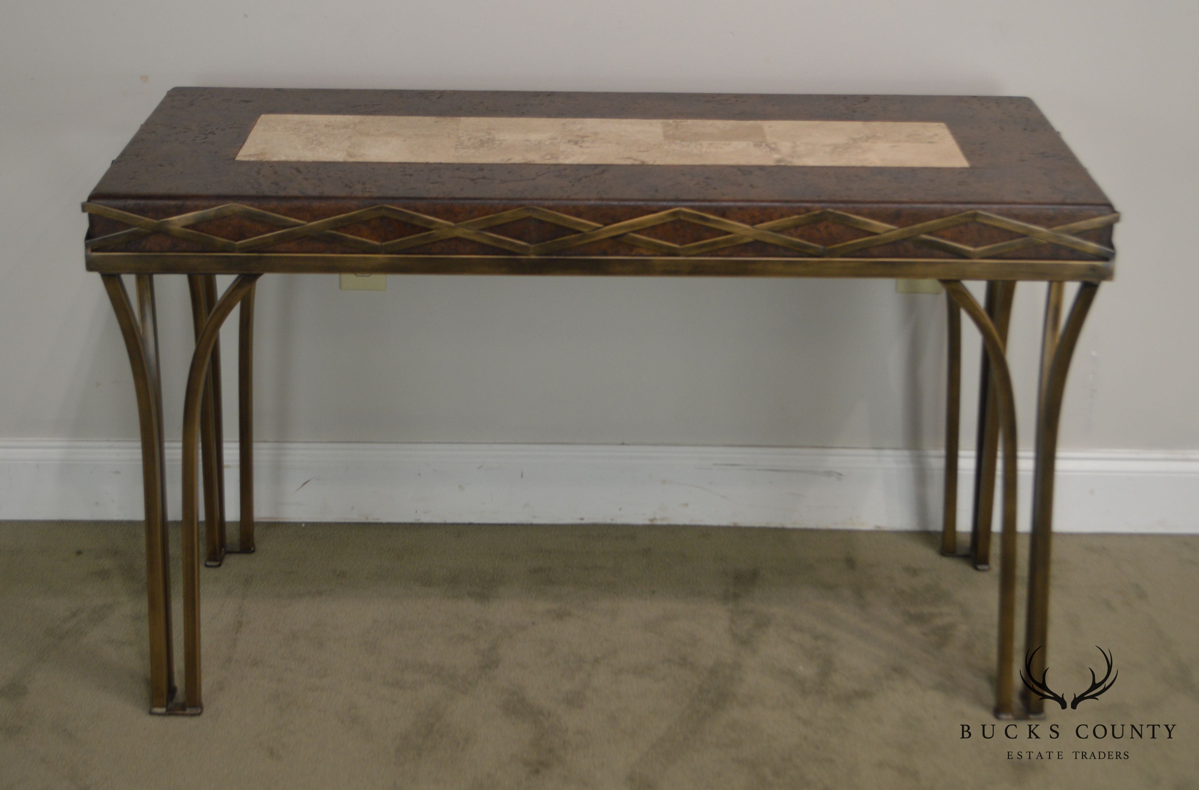 Iron Console Table with Cork and Tessellated Travertine Top