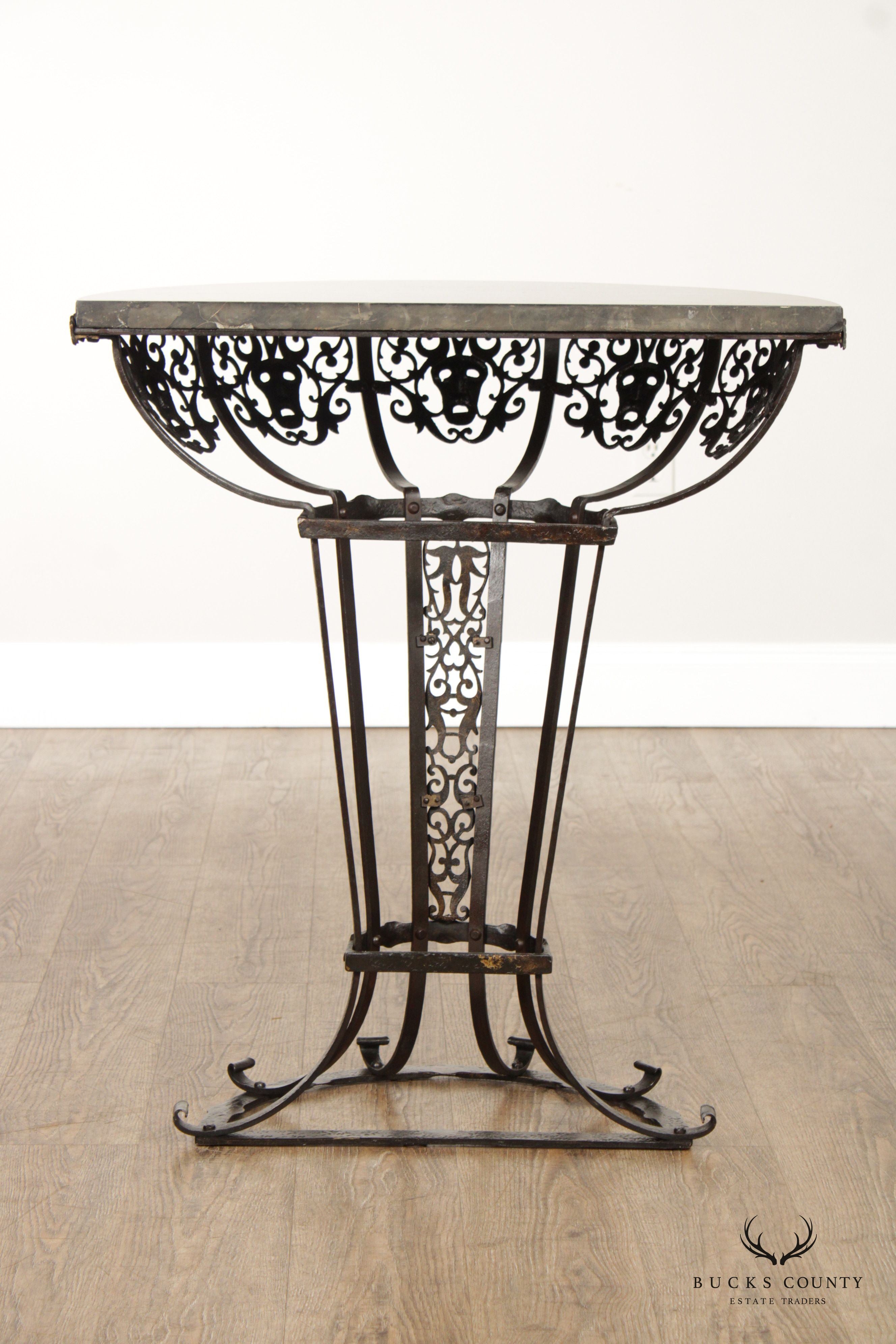 1920's Art Deco Marble Top Wrought Iron Demilune Console Table