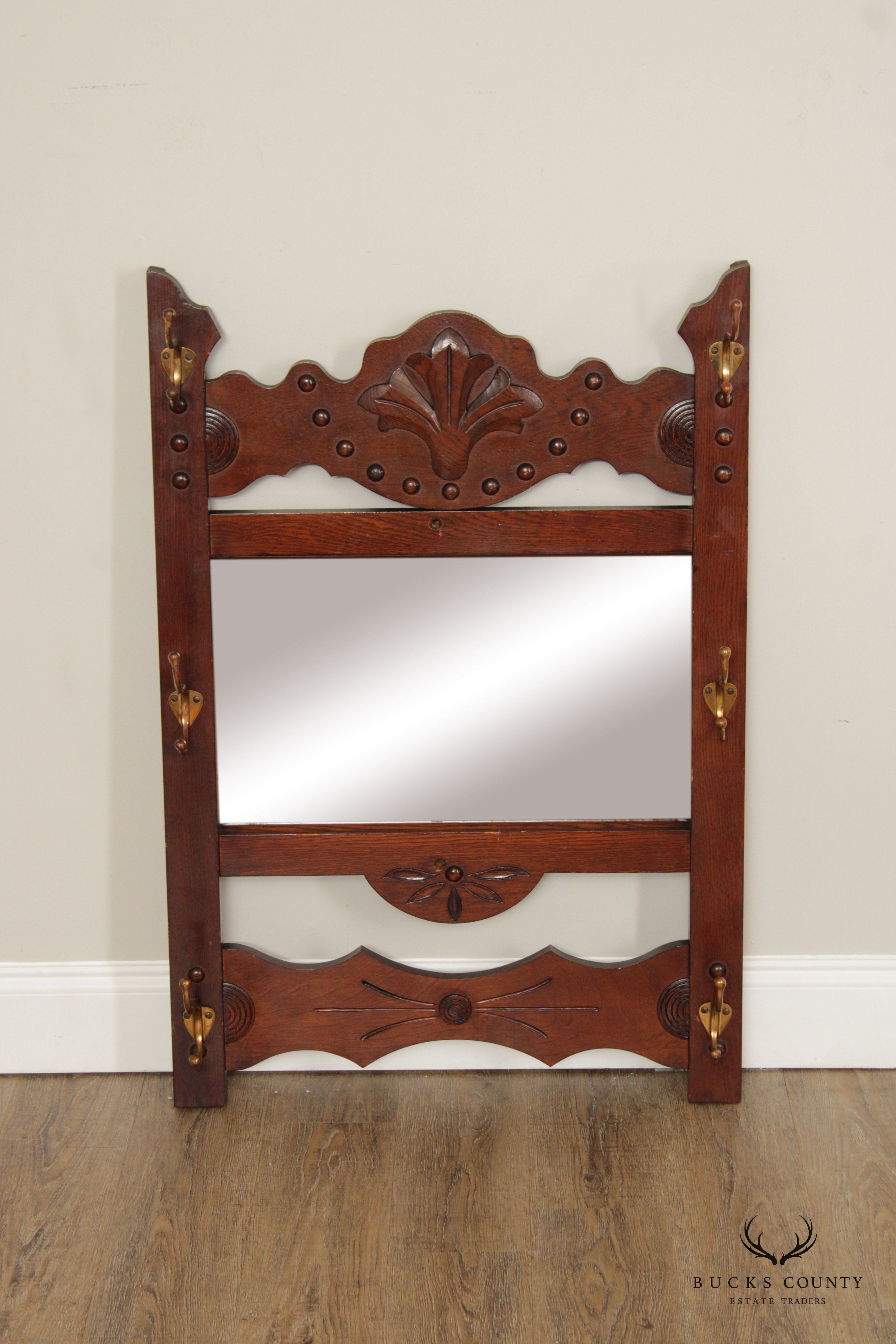 Antique Victorian Oak Hat Rack Wall Mirror