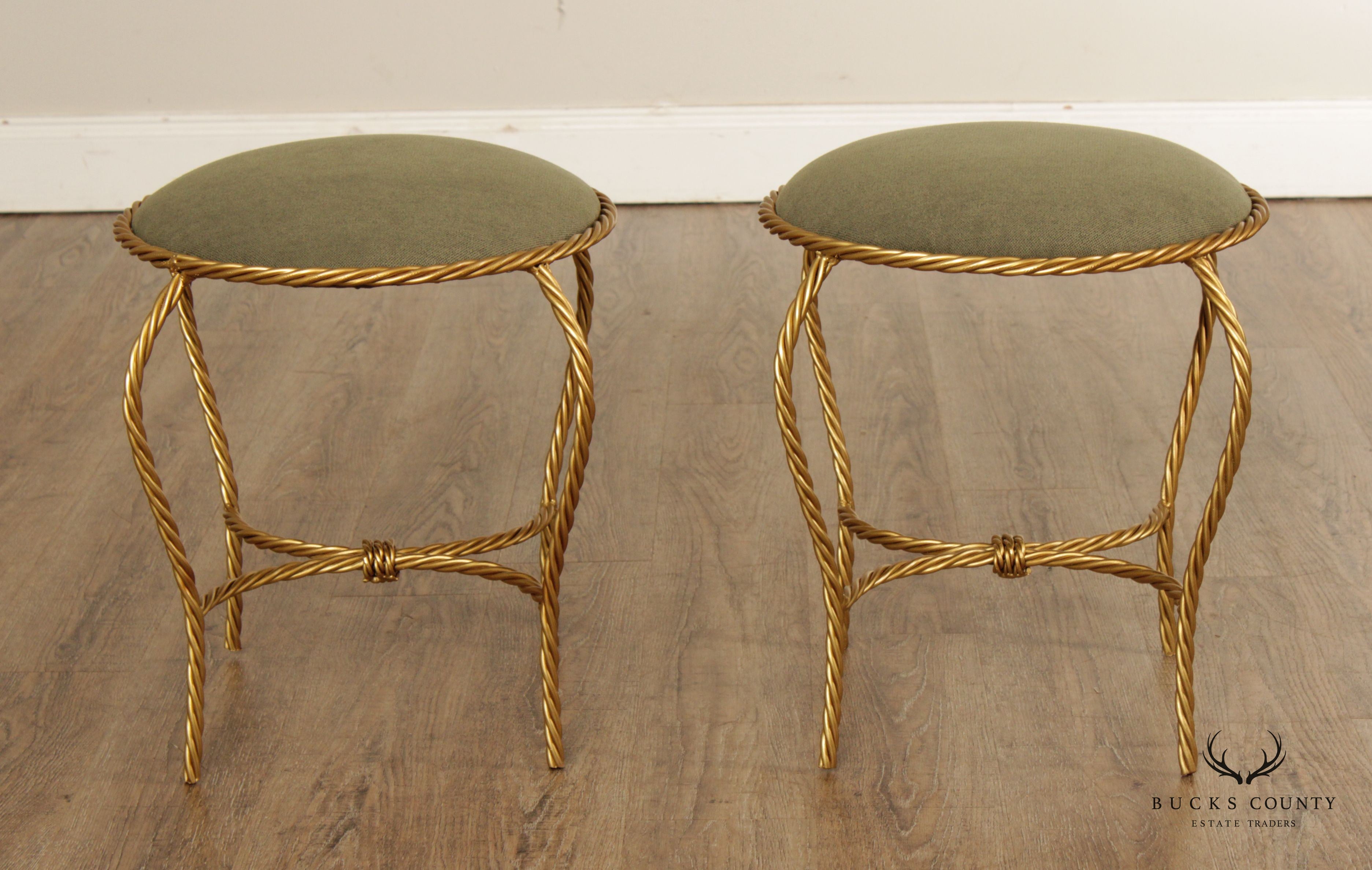 Italian Hollywood Regency Pair Gilt Rope Twist Stools