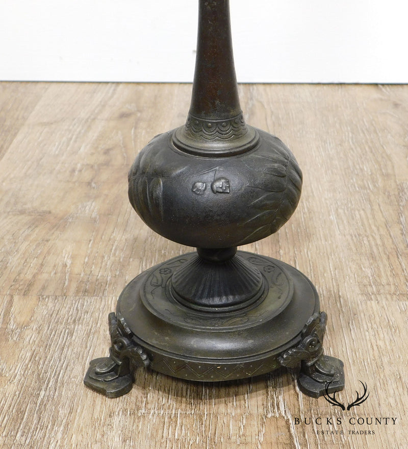Pair Aesthetic Movement Cast Metal Candlesticks Swallows Nesting in Hanging Gourds