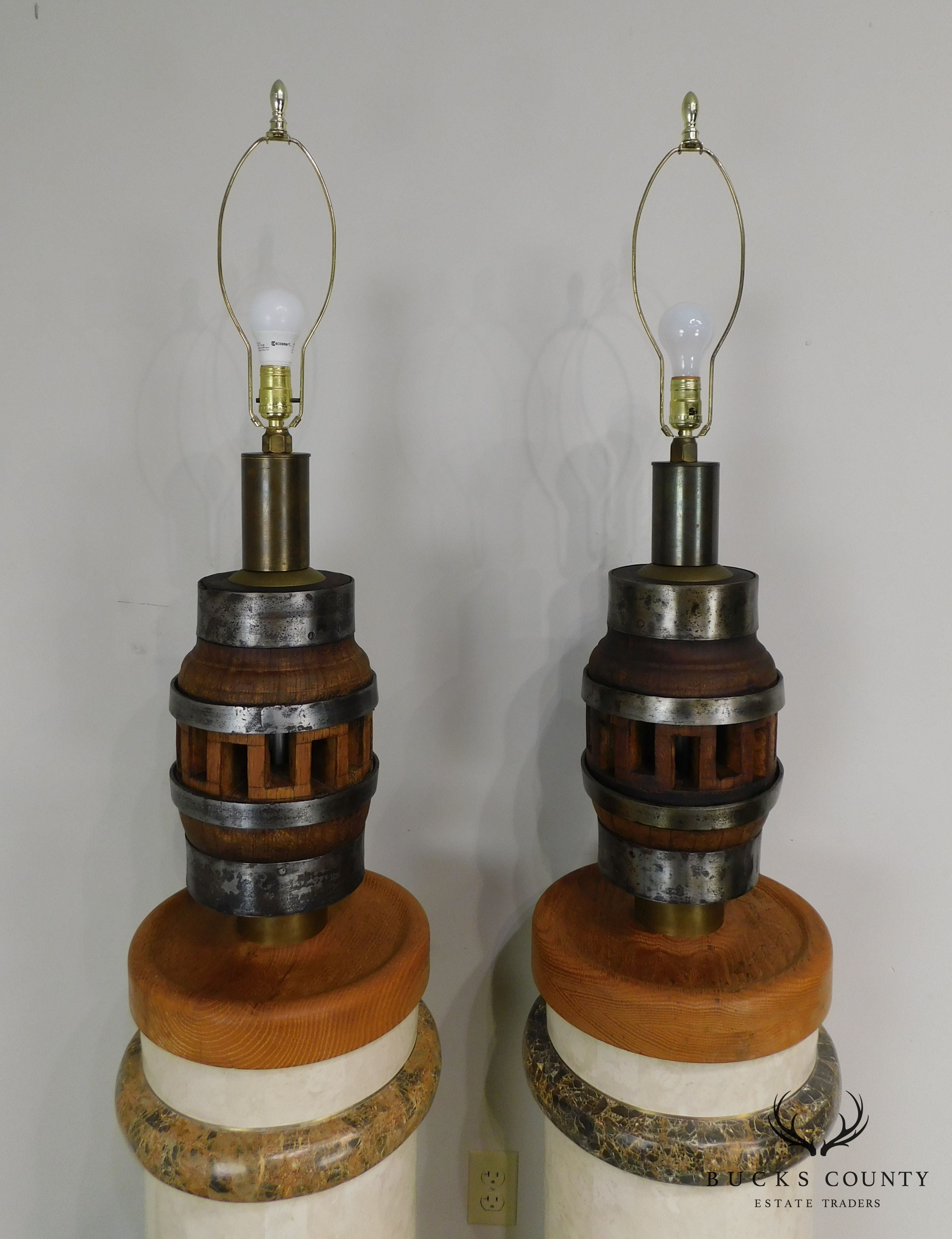 Heavy Wood and Steel Vintage Pair Barrel Table Lamps