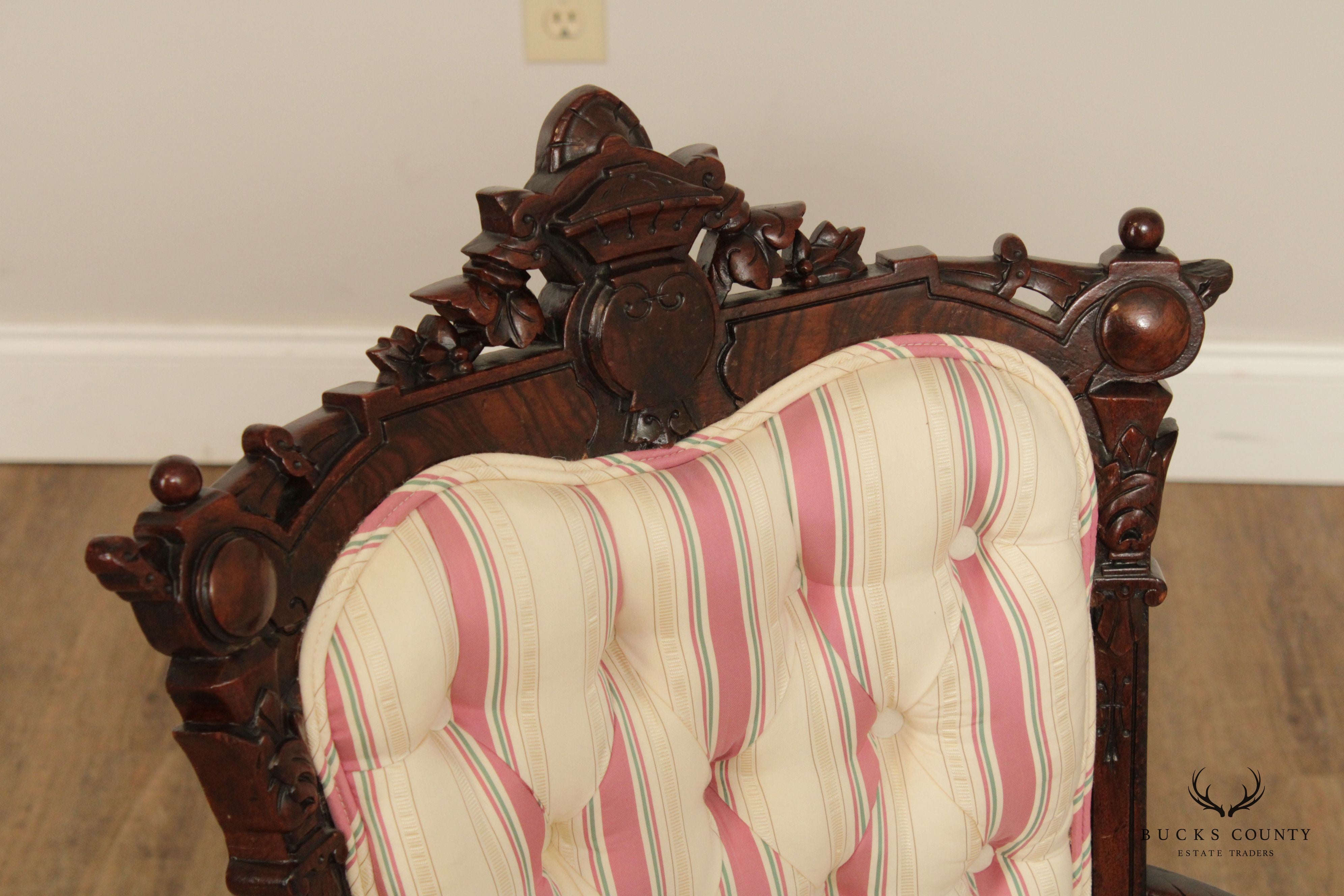 Antique Victorian Renaissance Carved Walnut Pair Of Armchairs