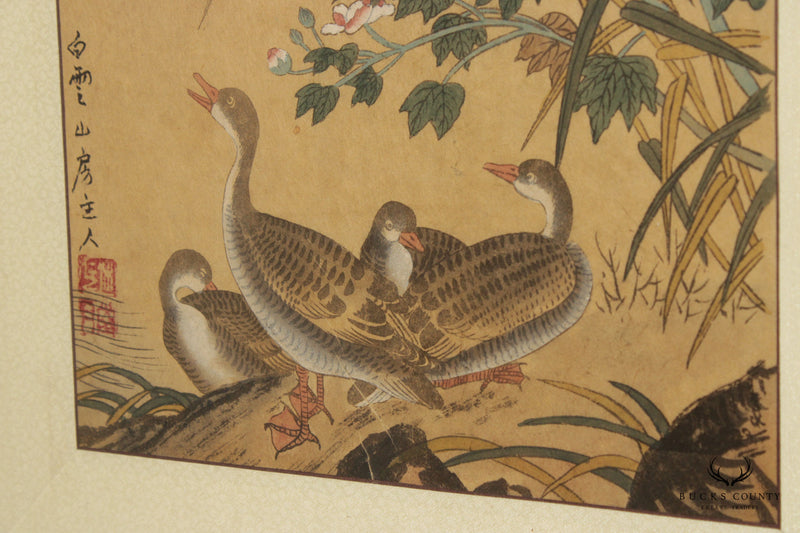 Antique Chinese Birds Scroll Painting, Custom Framed