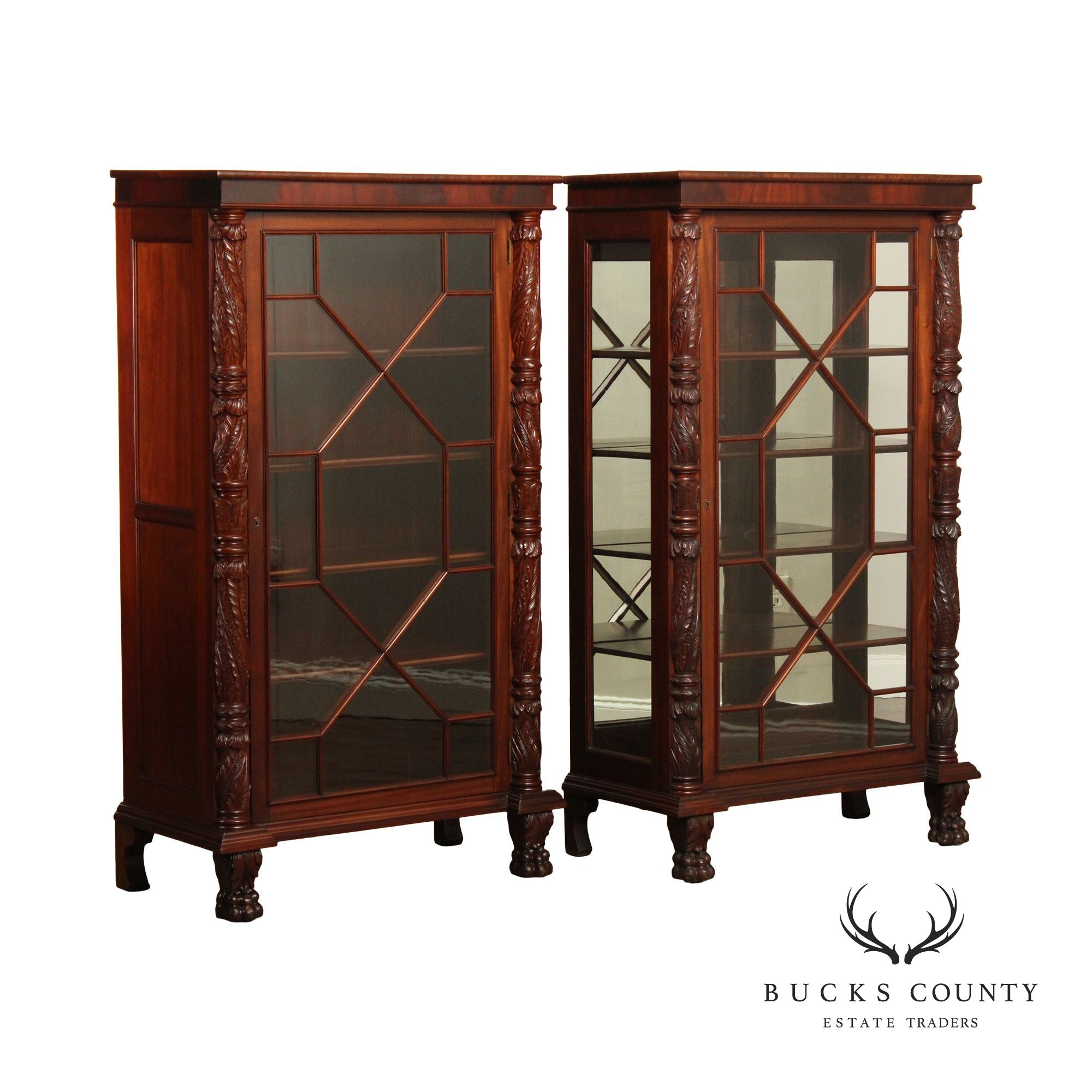 Antique Pair of American Empire Carved Acanthus and Paw Foot Mahogany China Cabinet Bookcases