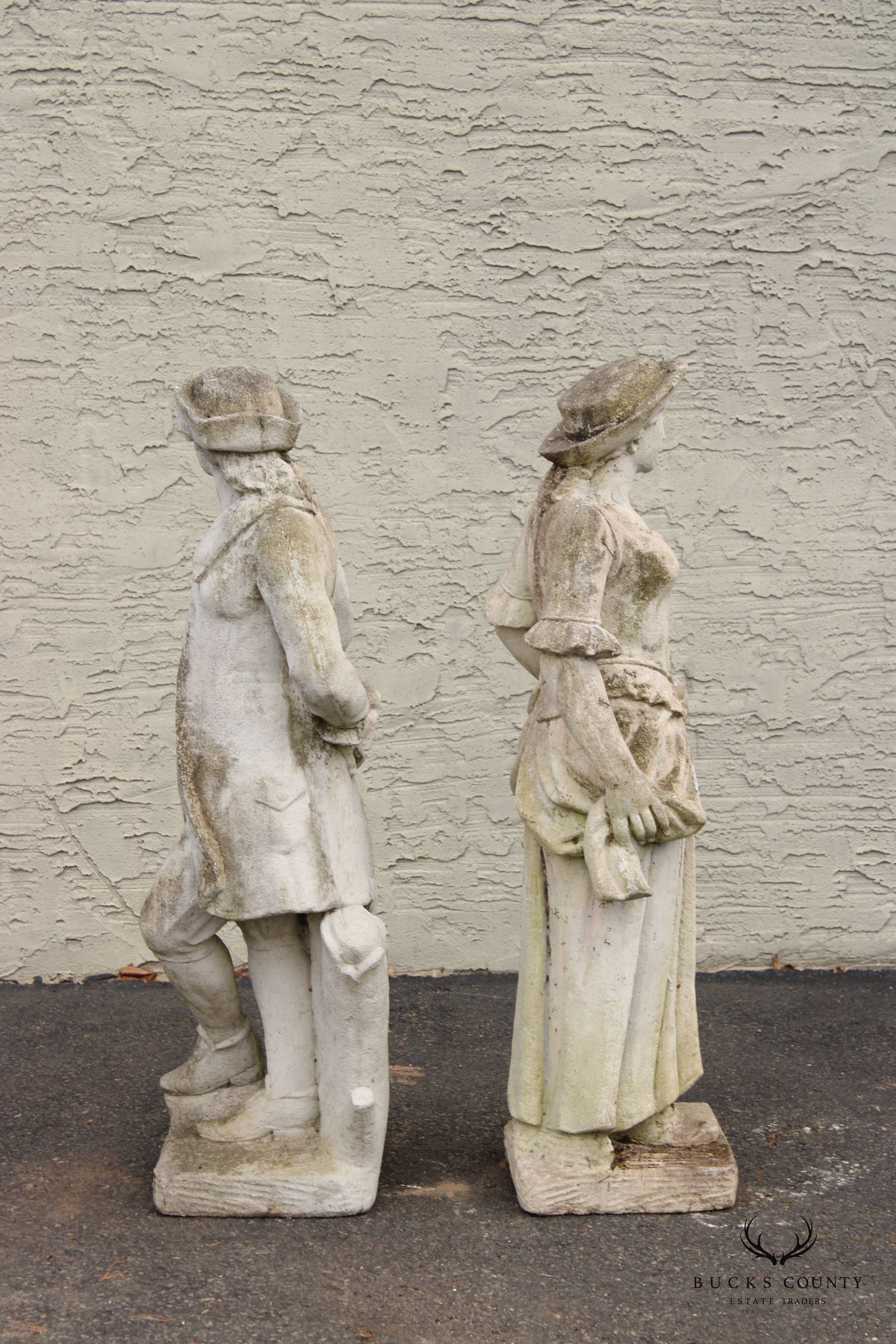 English Style Vintage Pair Figural Cast Stone Garden Statues