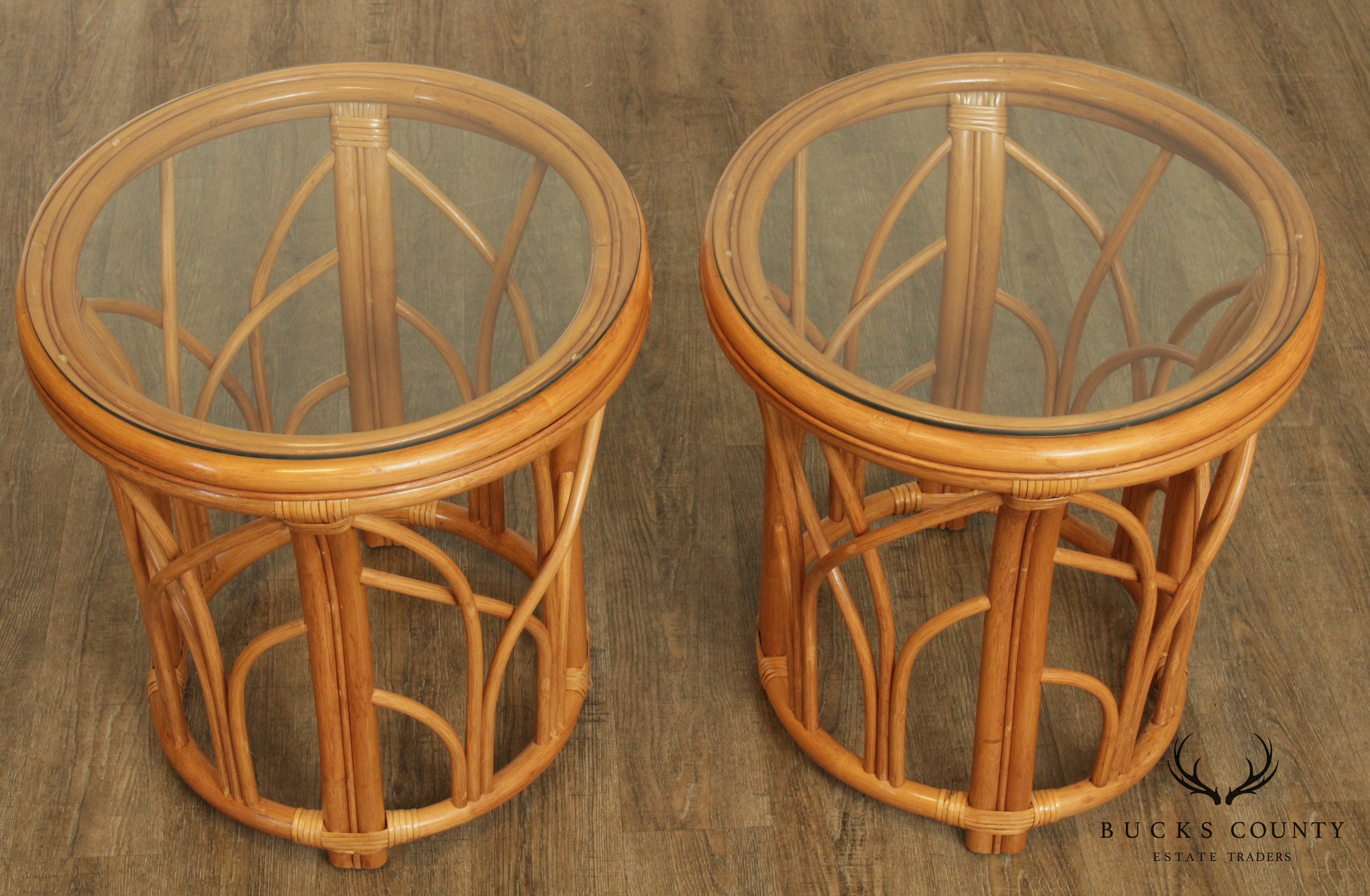 Quality Vintage Pair Rattan Round Glass Top Side Tables