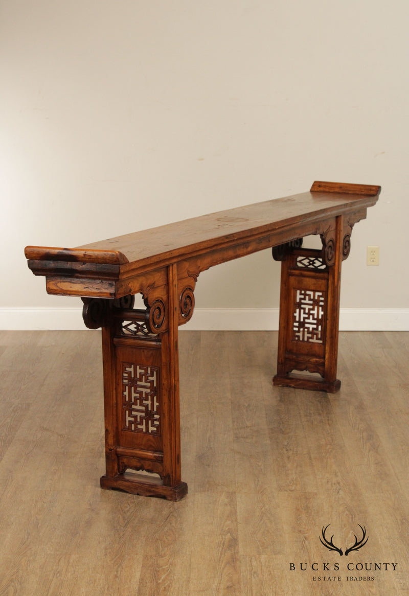 Antique Chinese Elm Wood Long Pagoda Top Altar Console Table