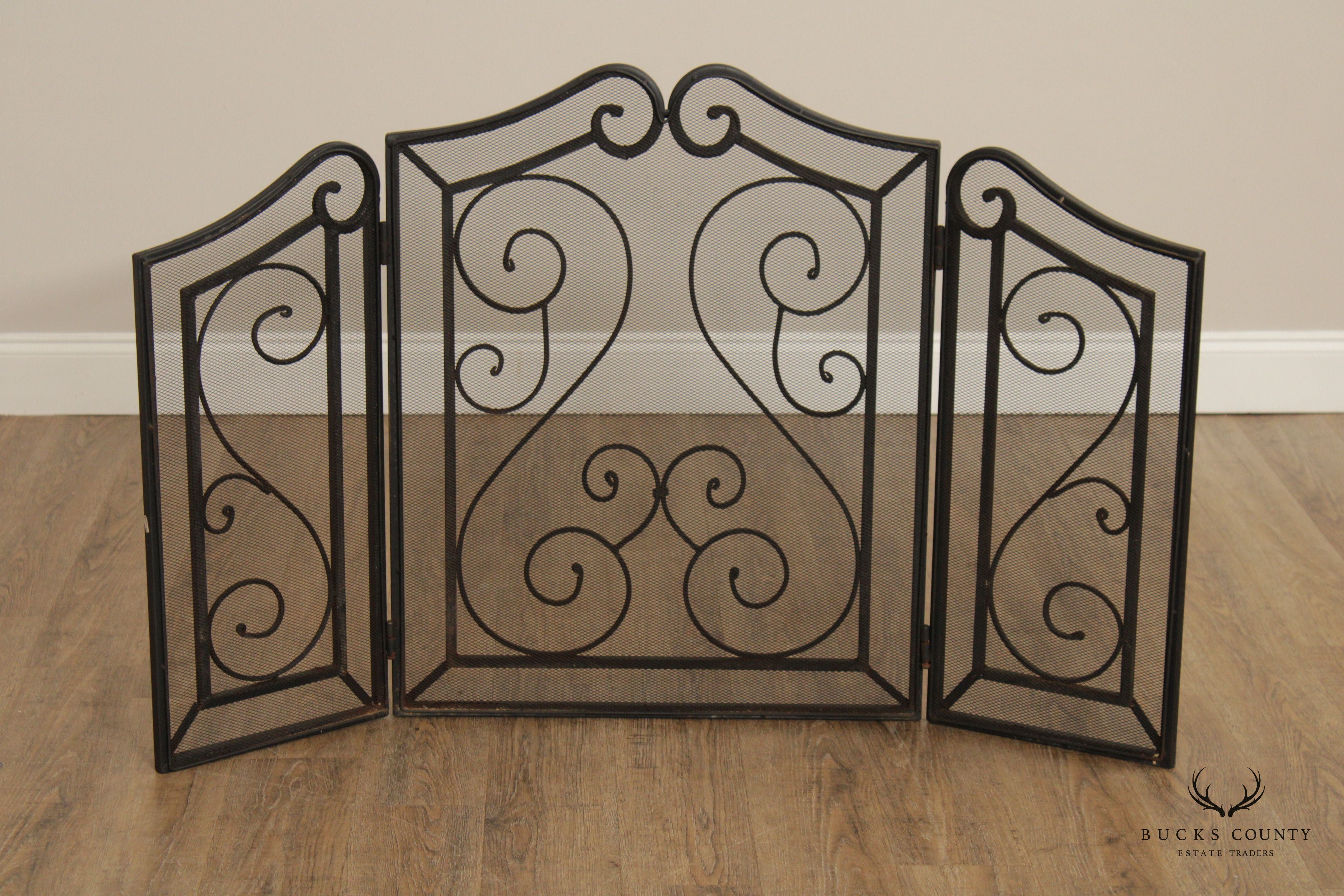 VINTAGE WROUGHT IRON FIRE SCREEN WITH SCROLLING