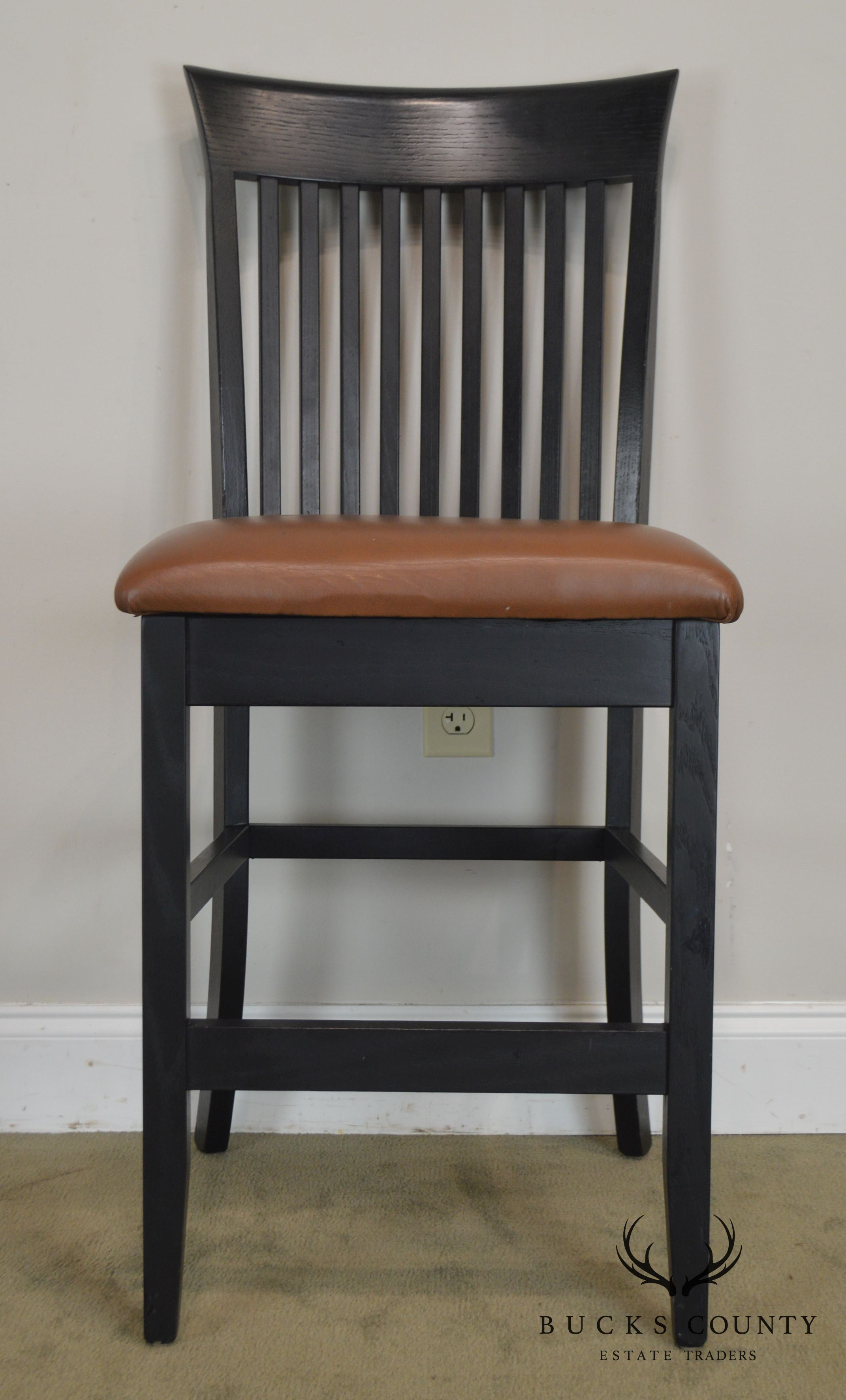 F & N Woodworking Pair Black Bar Stools with Brown Leather Seats