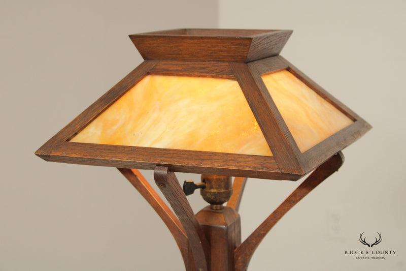 American Arts & Crafts Oak and Slag Glass Table Lamp