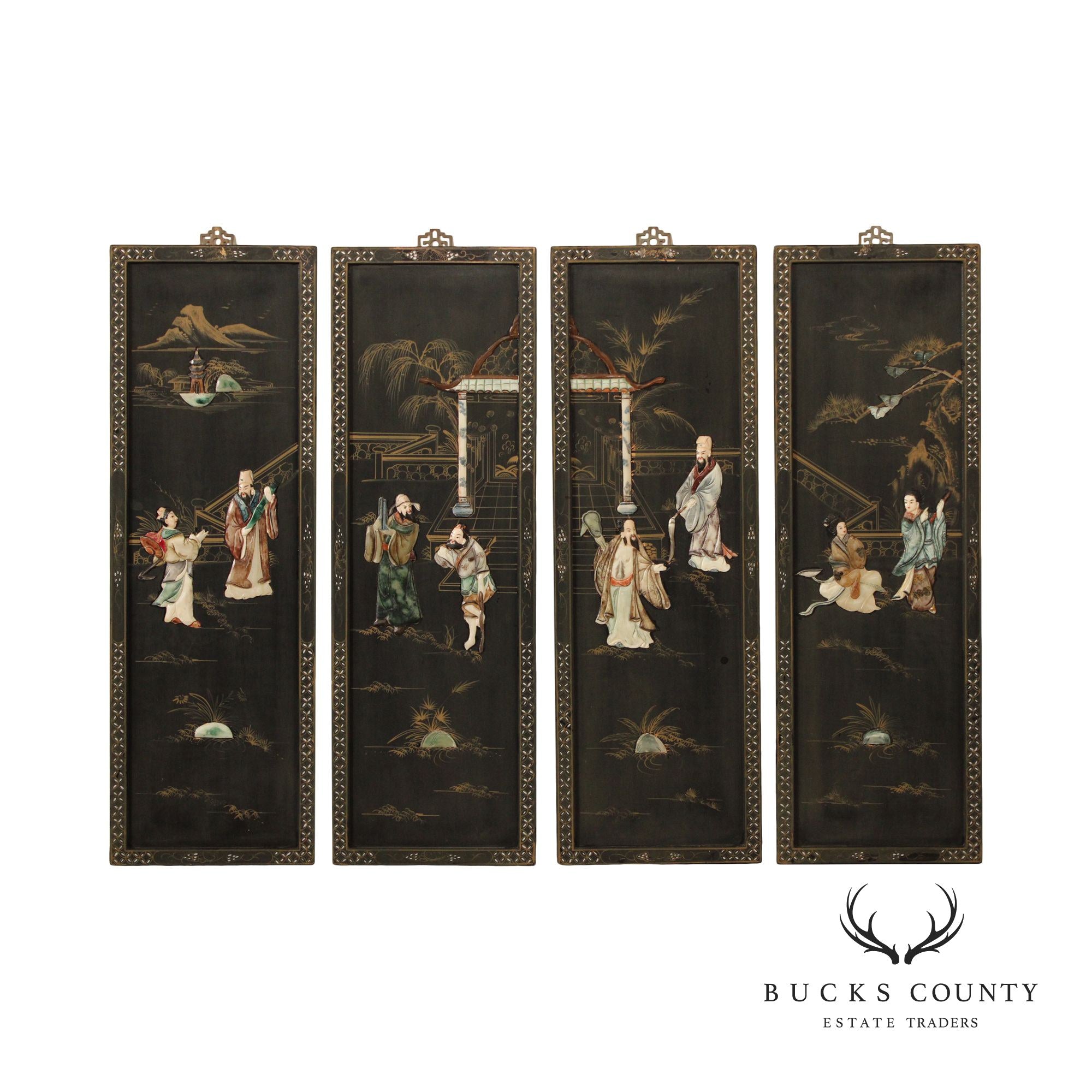 Chinese Set of Four Black Lacquered Wall-Hanging Room Divider Panels