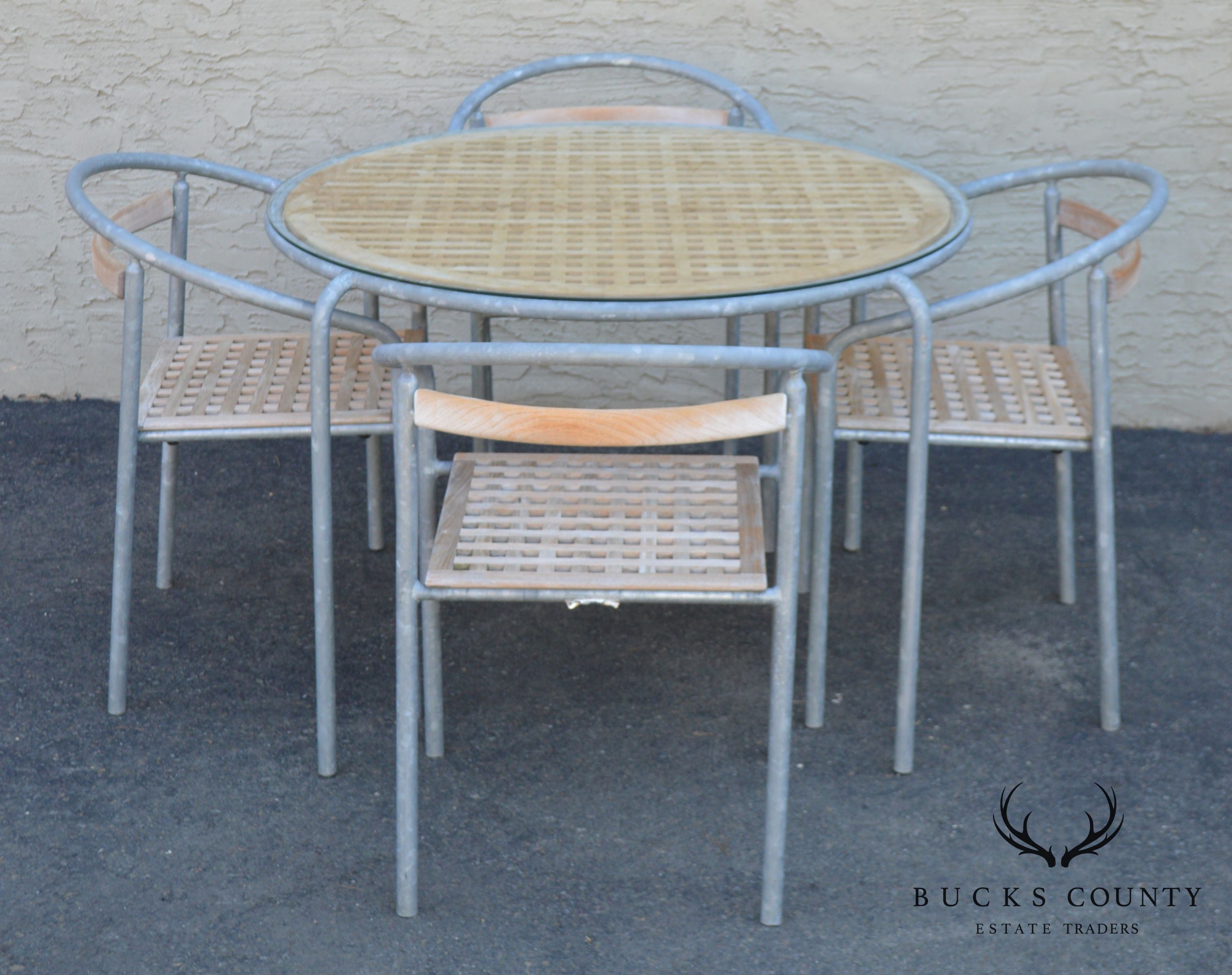 Soho Contract Group Teak and Galvanized Steel Round Patio Table + 4 Chairs Dining Set (B)