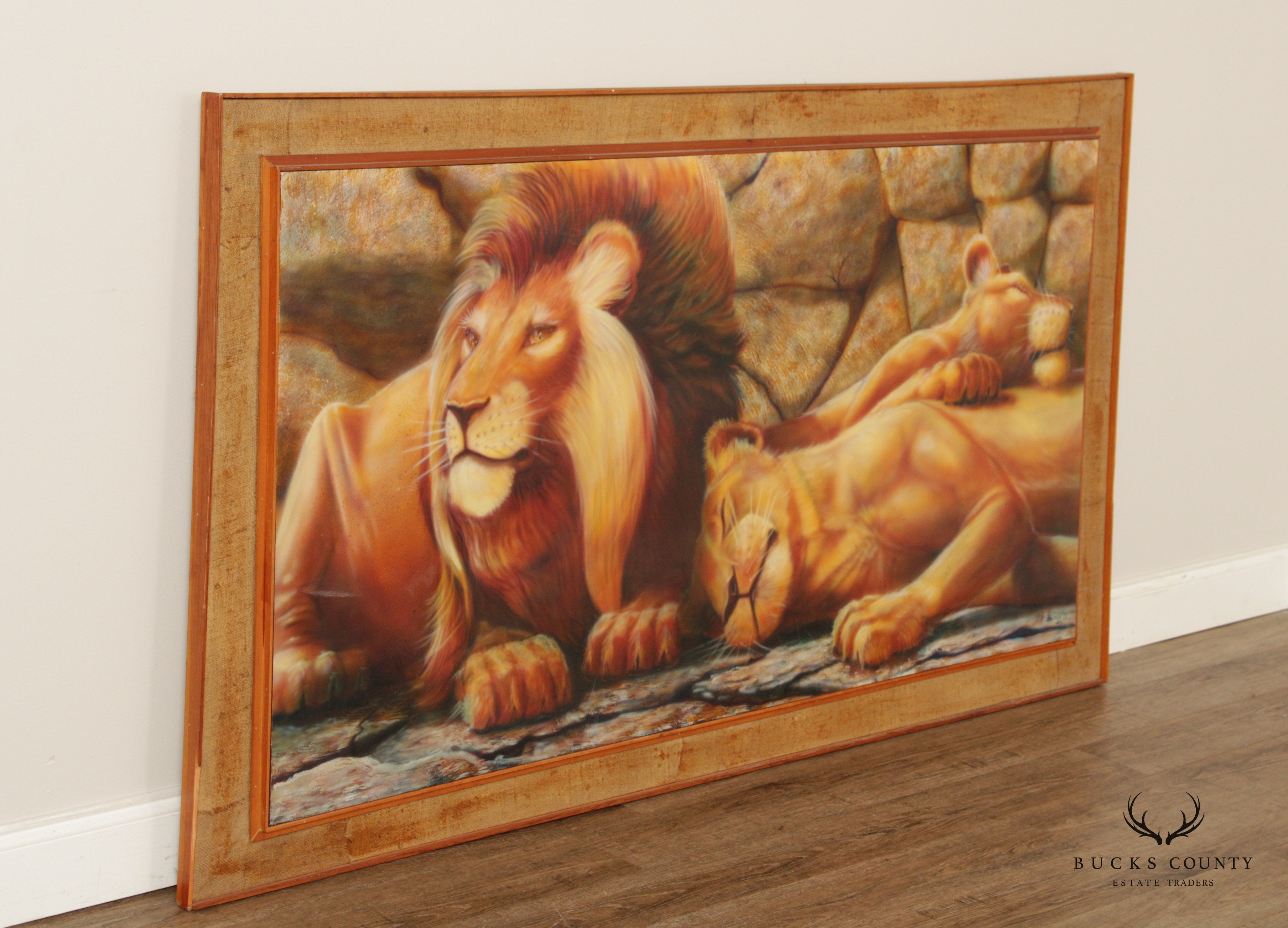 Contemporary 1970s Safari Lions Sleeping Large Scale Original Painting, Signed