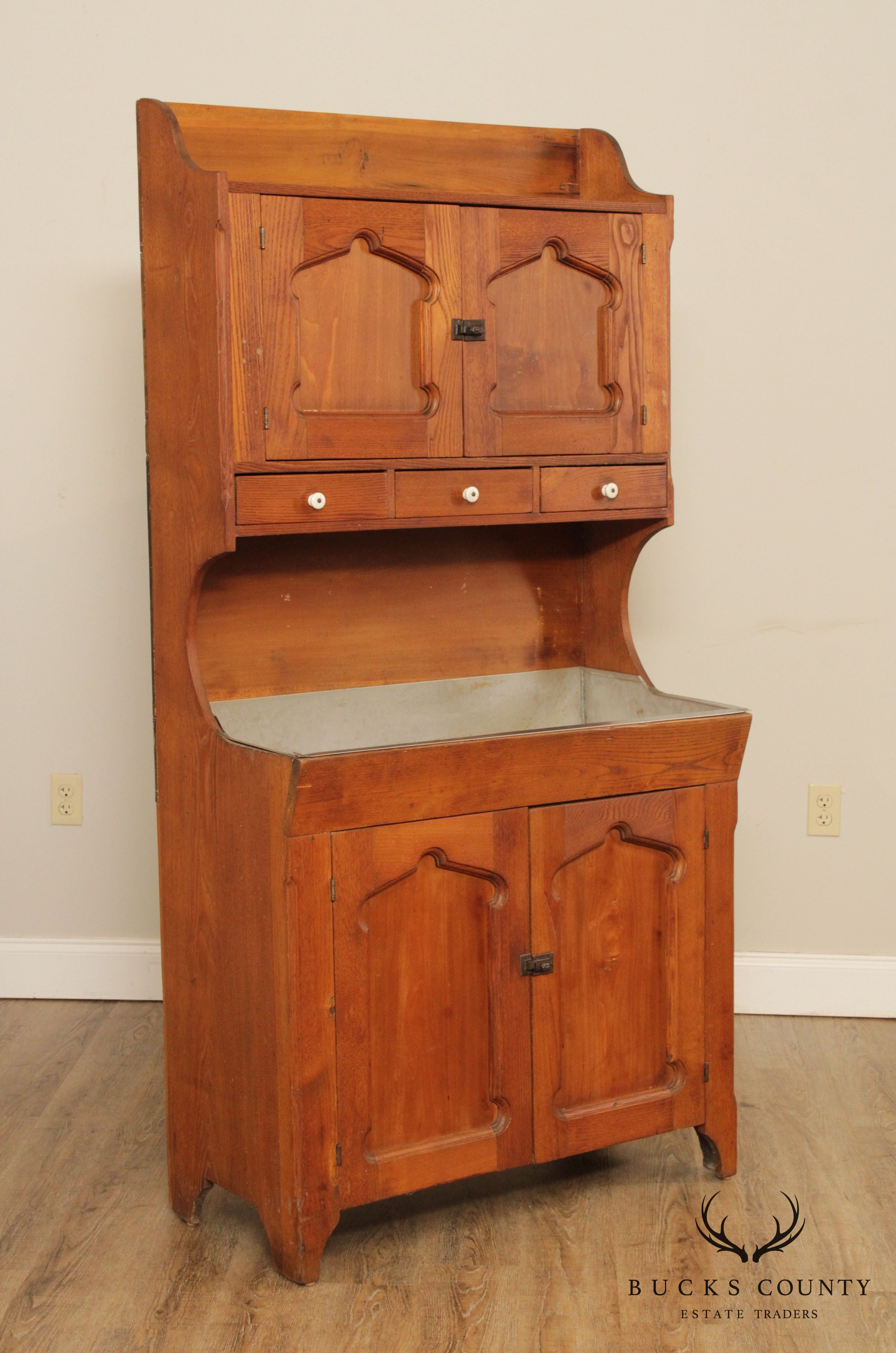 Antique American Poplar & Chestnut Dry Sink Hutch Cabinet