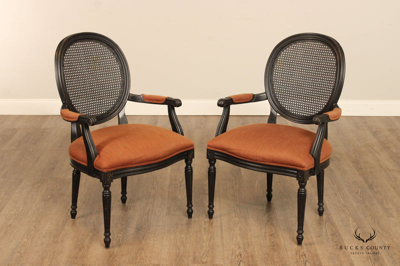 Ethan Allen French Louis XVI Style Pair of Cane-Back Fauteuil Armchairs
