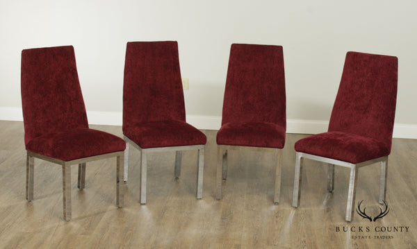 1970's Mid Century Modern Set 4 Chrome Frame Upholstered Dining Chairs