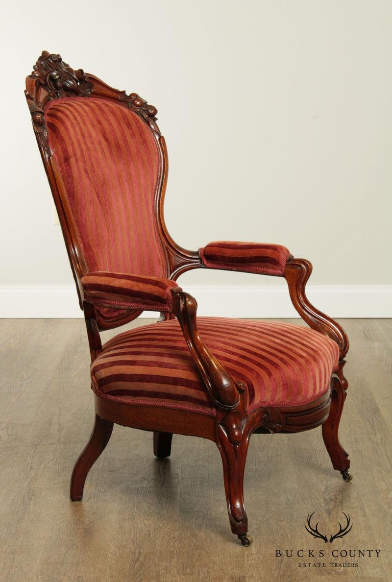 Victorian Antique Carved Walnut Fireside Armchair