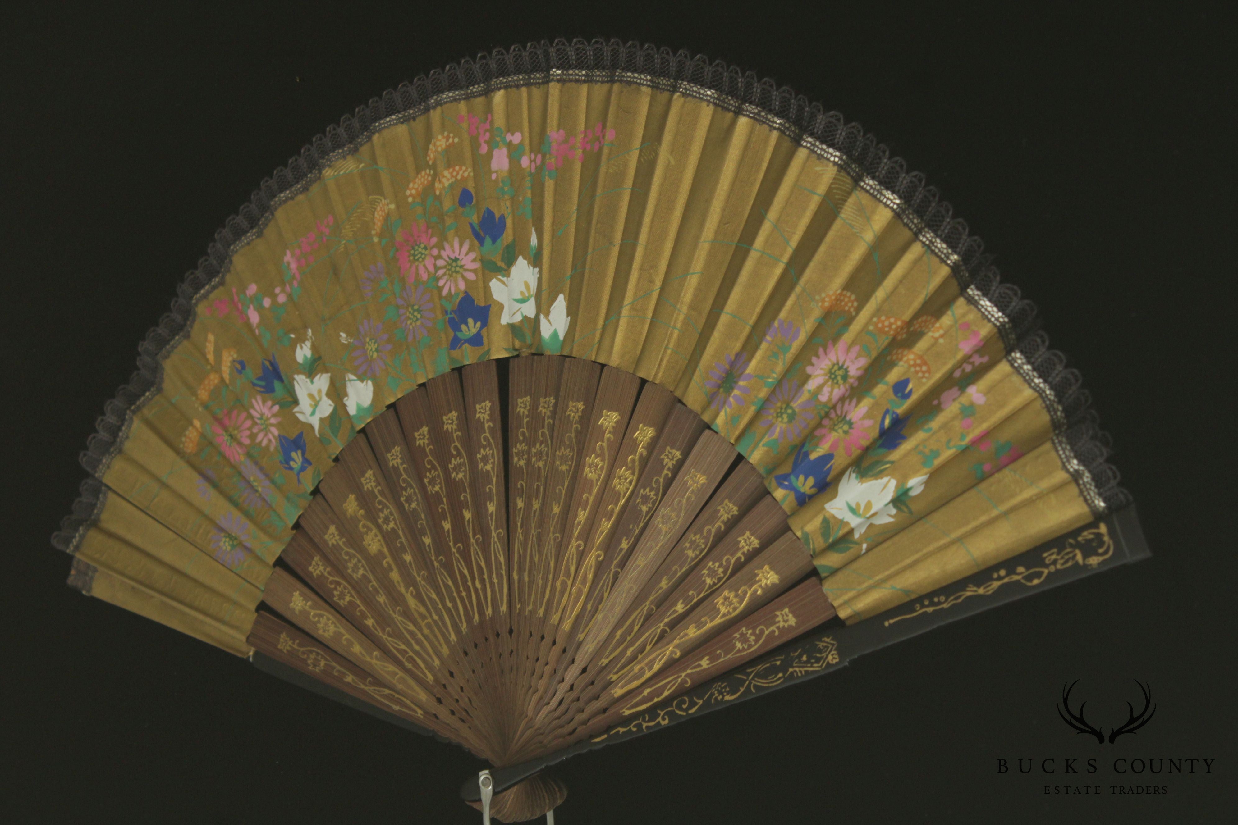 Vintage Gilt Wood Faux Bamboo Framed Japanese Fan (A)