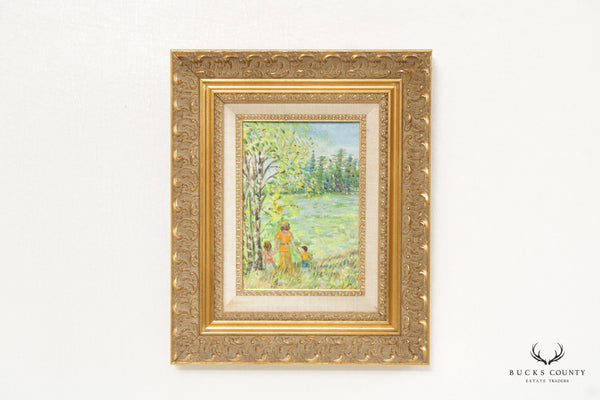 Impressionist Style Framed Unsigned Oil Painting, Children at a Pond