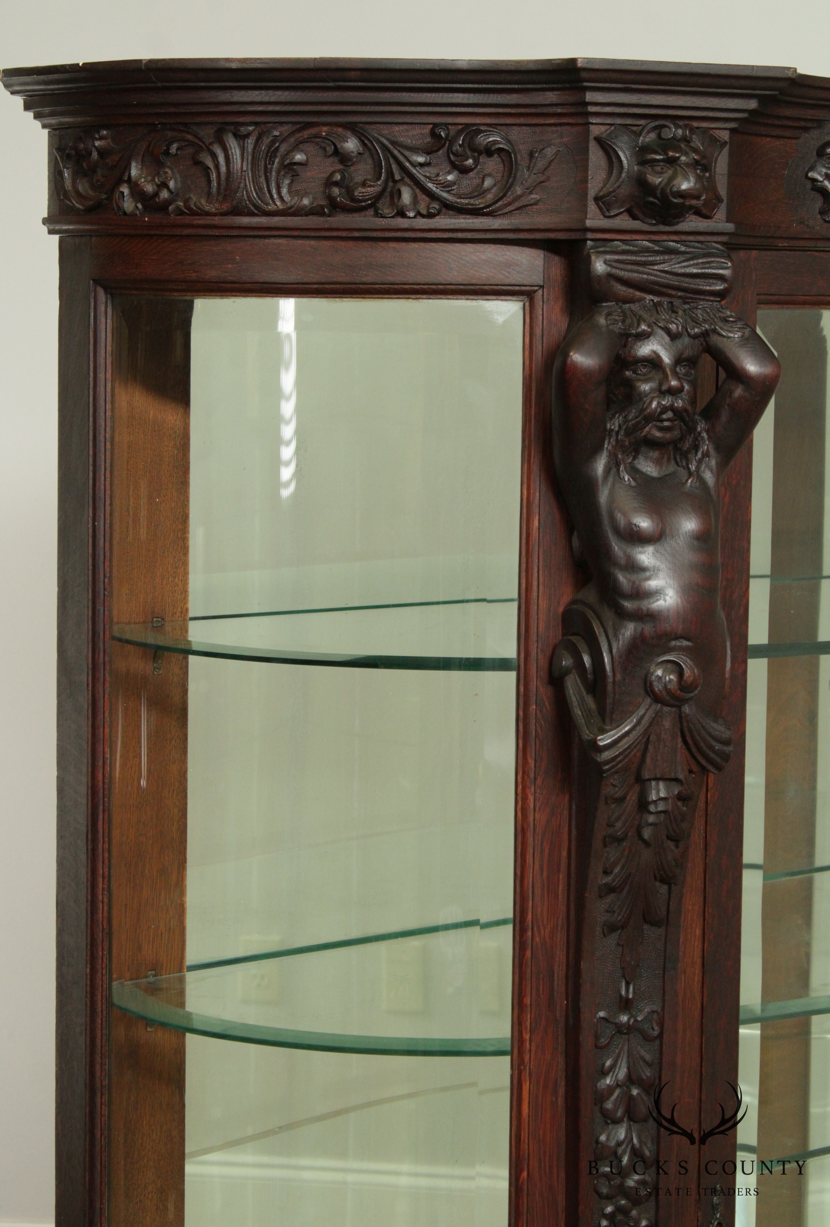 Horner Antique Oak Figural Carved Beveled Glass China Cabinet